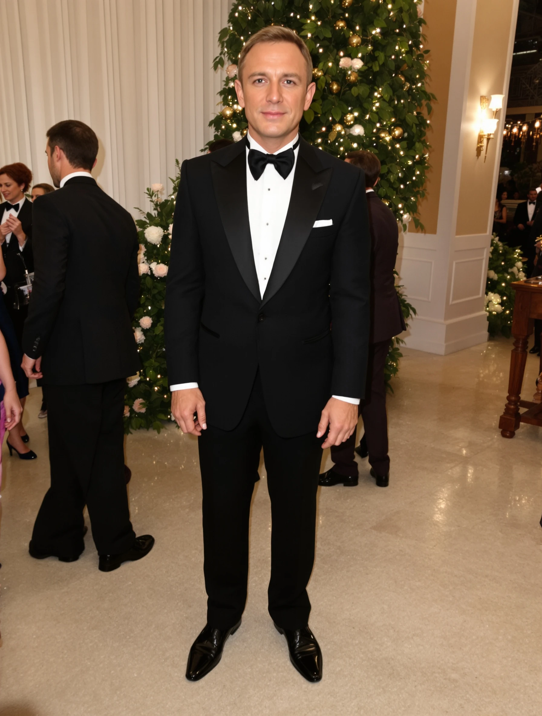 Man in classic black tuxedo at formal gala event. James Bond elegance, bow tie, polished shoes, timeless formal.