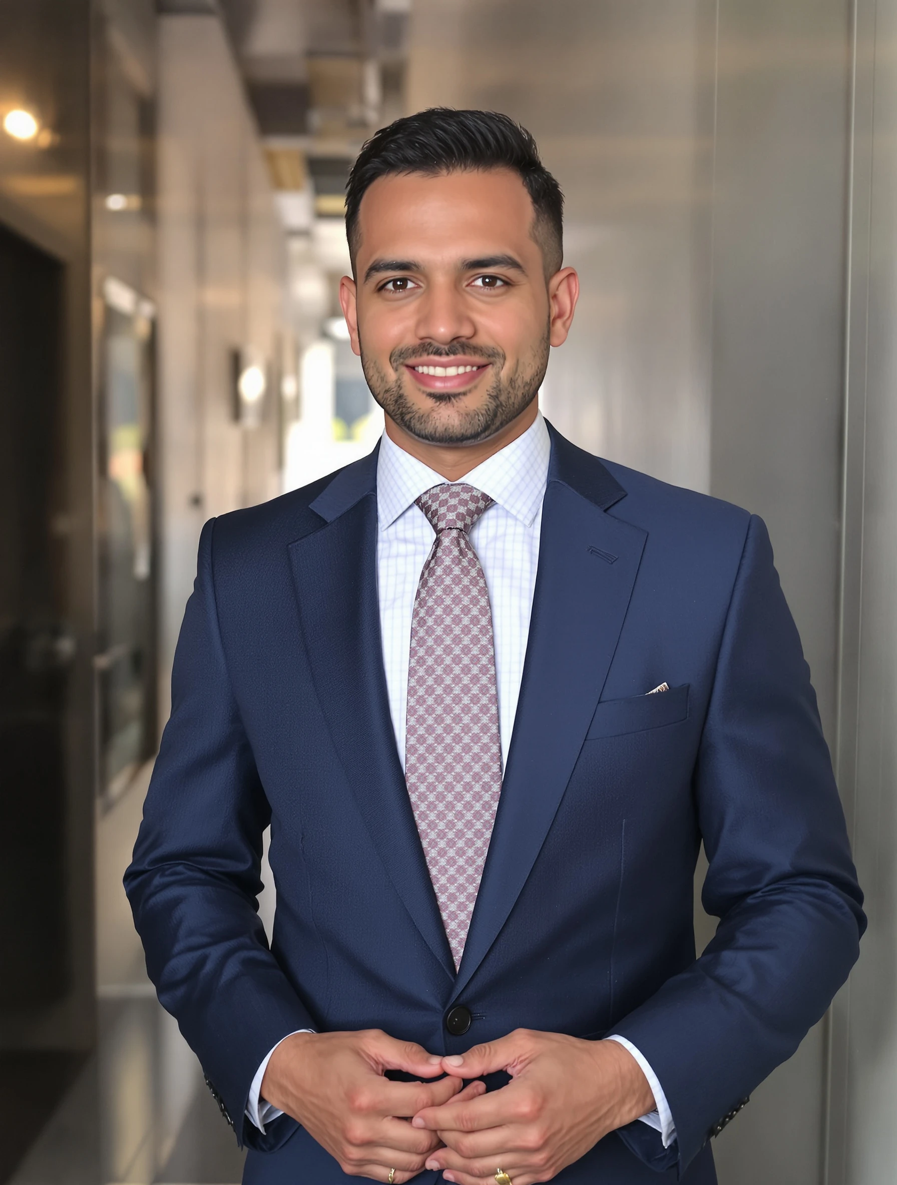 Man in navy tailored suit for business or formal occasion. Professional elegance, perfect fit, confident stance, suited success.