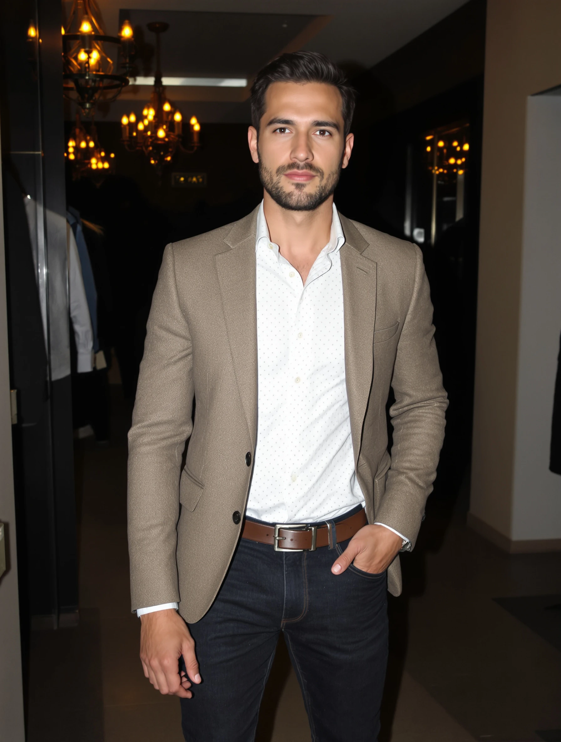 Man in smart casual blazer and dark jeans, elevated casual. Modern elegance, dressed up relaxed, versatile style, effortless polish.