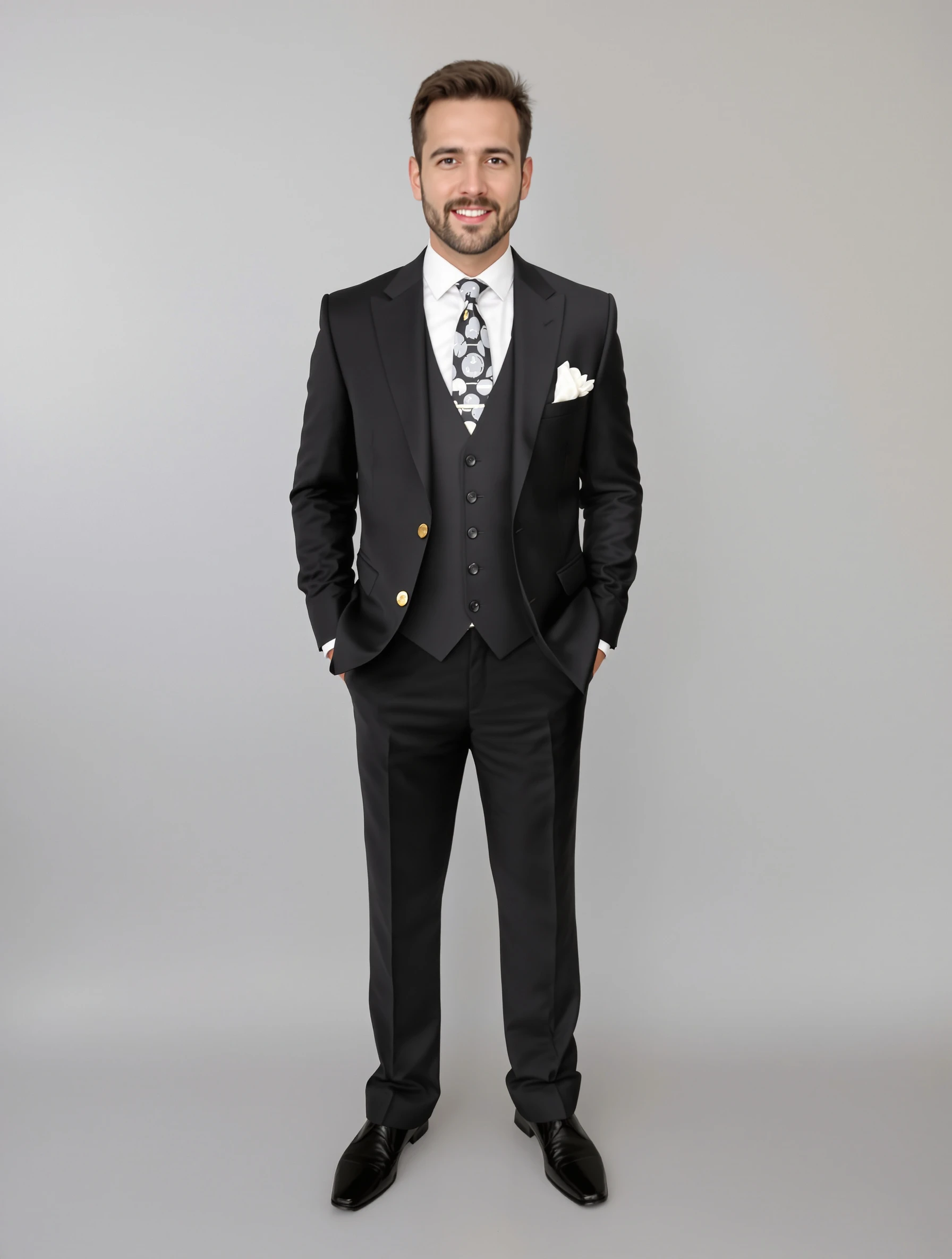 Man in three-piece suit with vest, ultimate formal style. Classic elegance, complete ensemble, distinguished appearance, sartorial excellence.