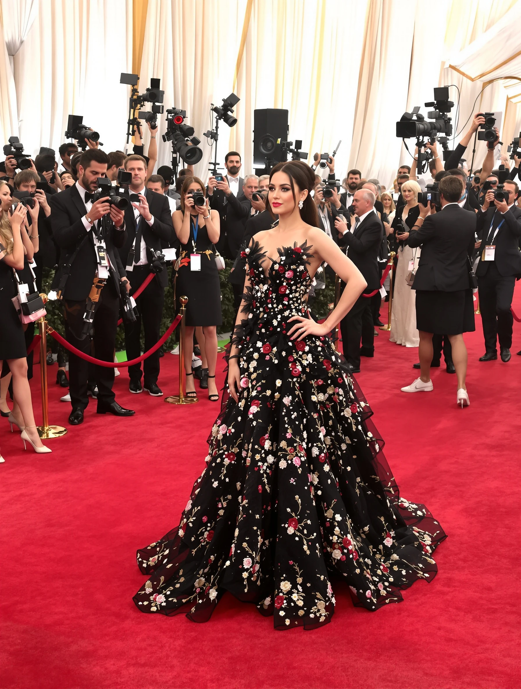 Woman on red carpet in designer couture gown, cameras flashing. Celebrity style, high fashion, glamorous moment, star treatment.