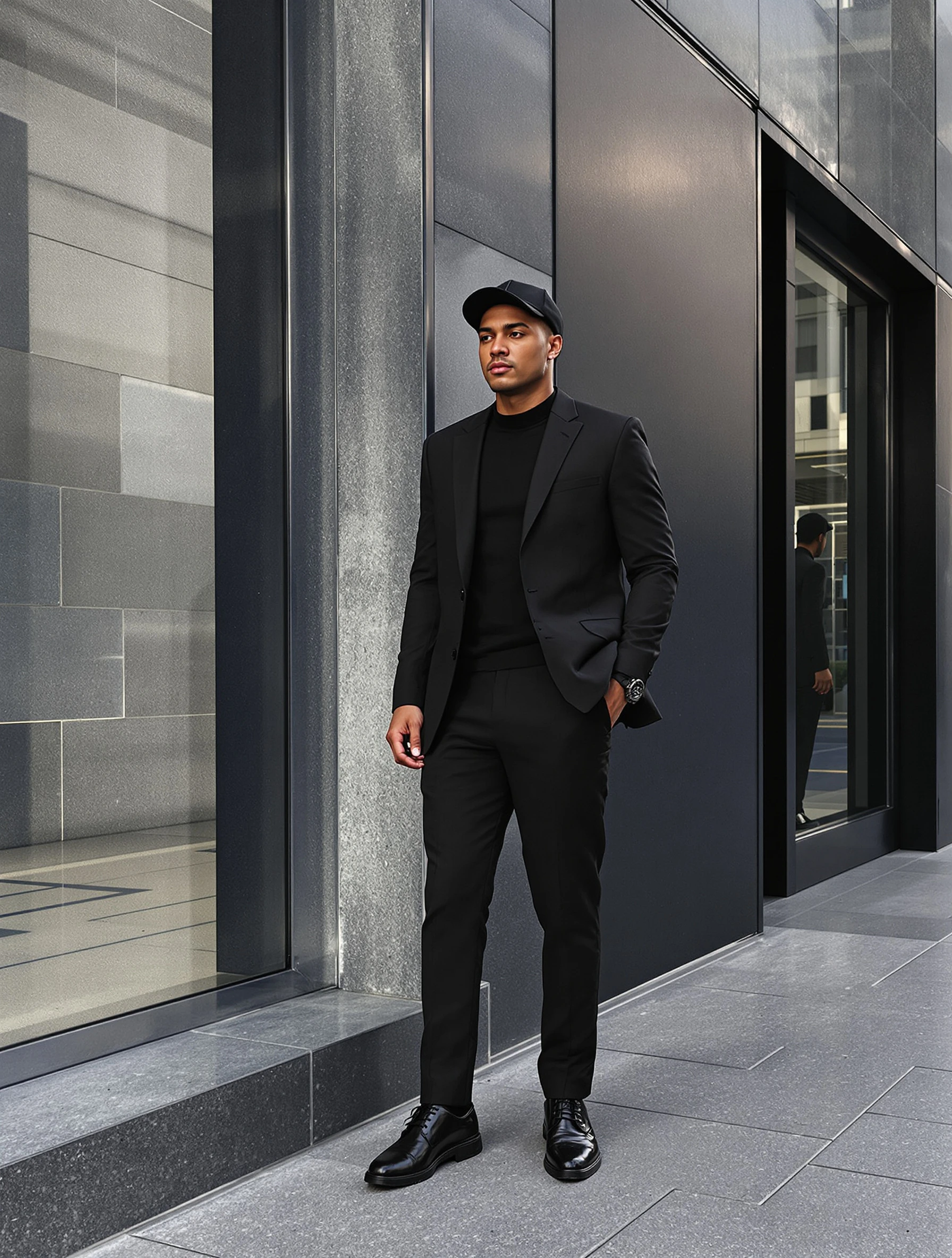 Man in all-black sleek modern outfit, urban minimalist. Monochrome power, clean lines, sophisticated edge, contemporary style.