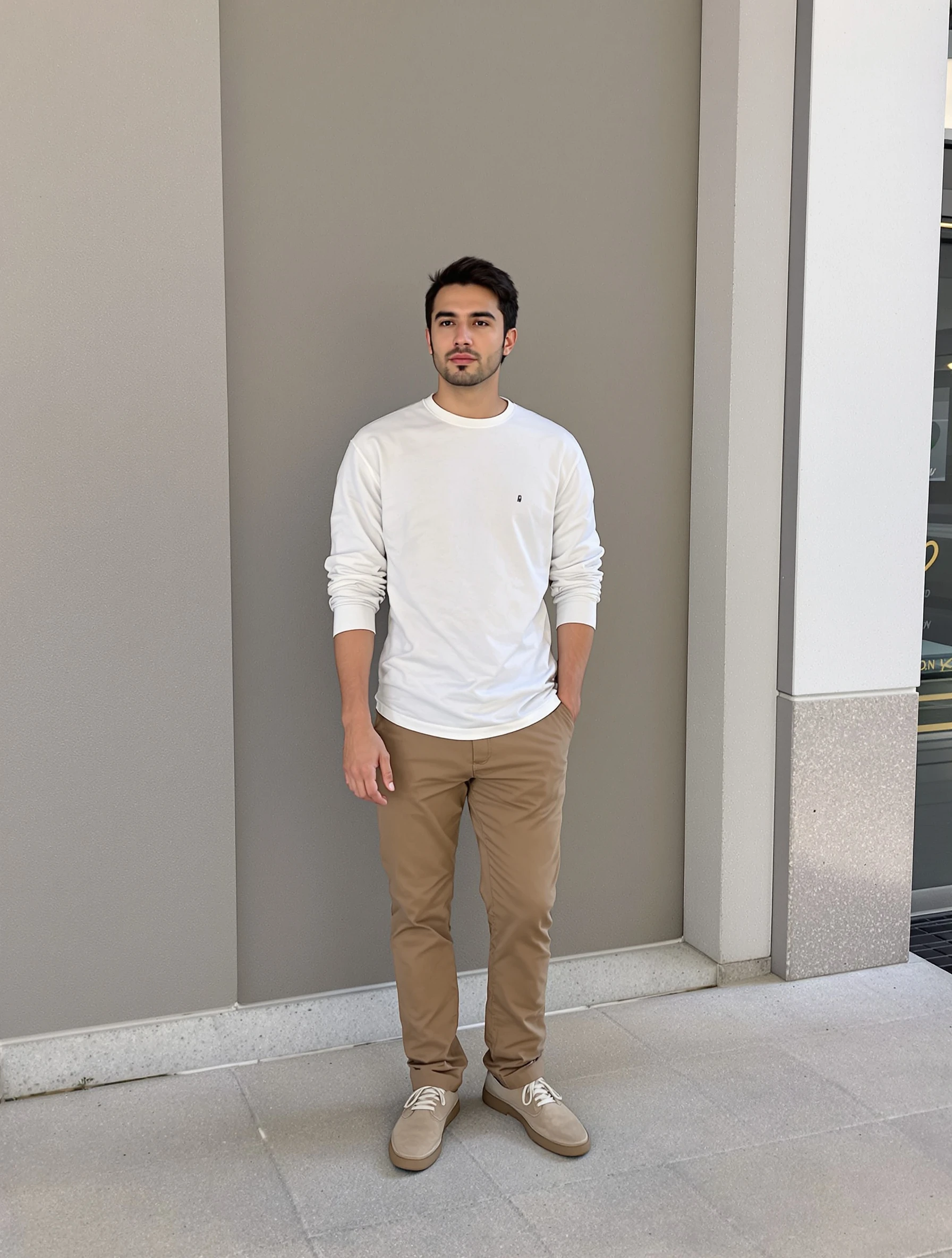Man in minimal neutral outfit, earth tones perfectly coordinated. Clean aesthetic, quality basics, thoughtful simplicity, modern masculine.