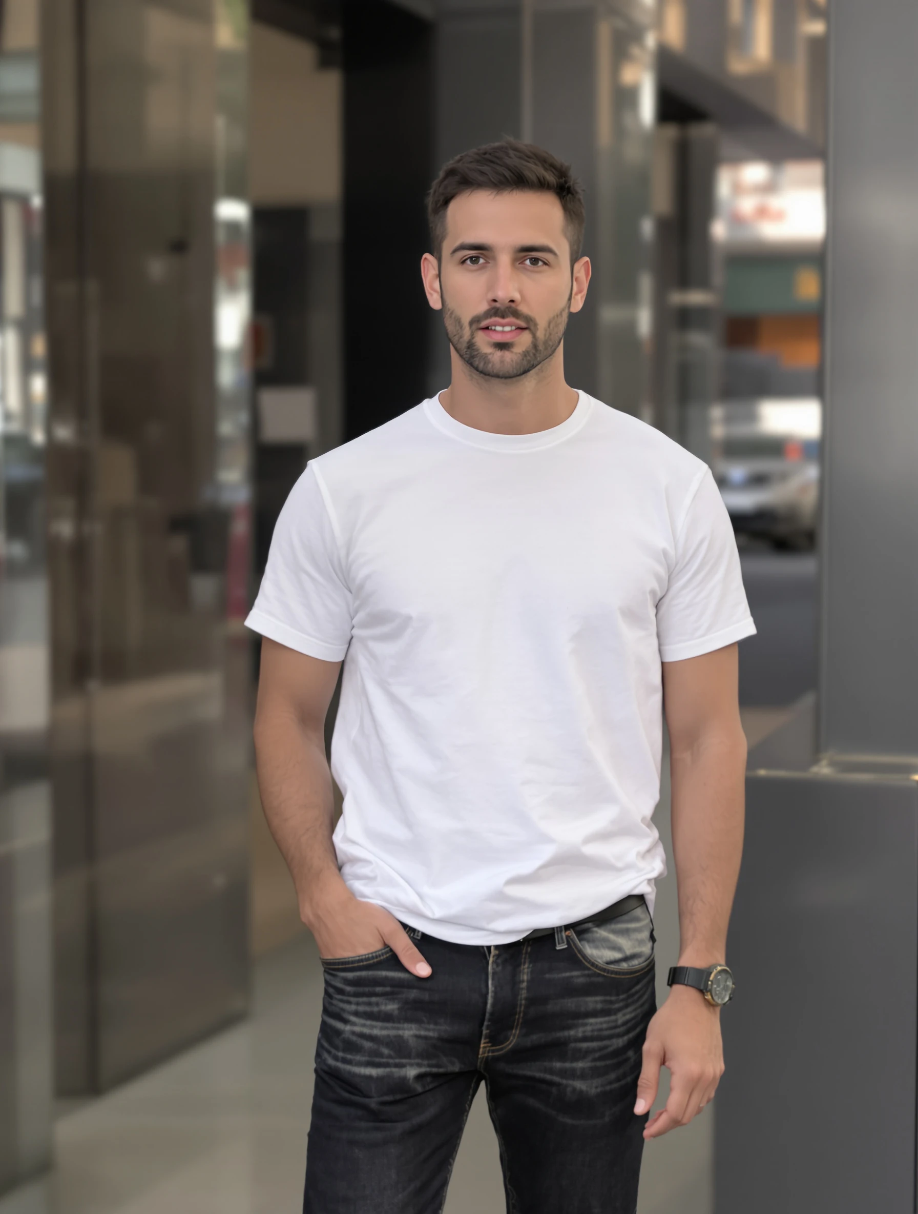 Man in perfect white t-shirt and dark well-fitted jeans. Classic combination, elevated simplicity, quality basics, effortless style.