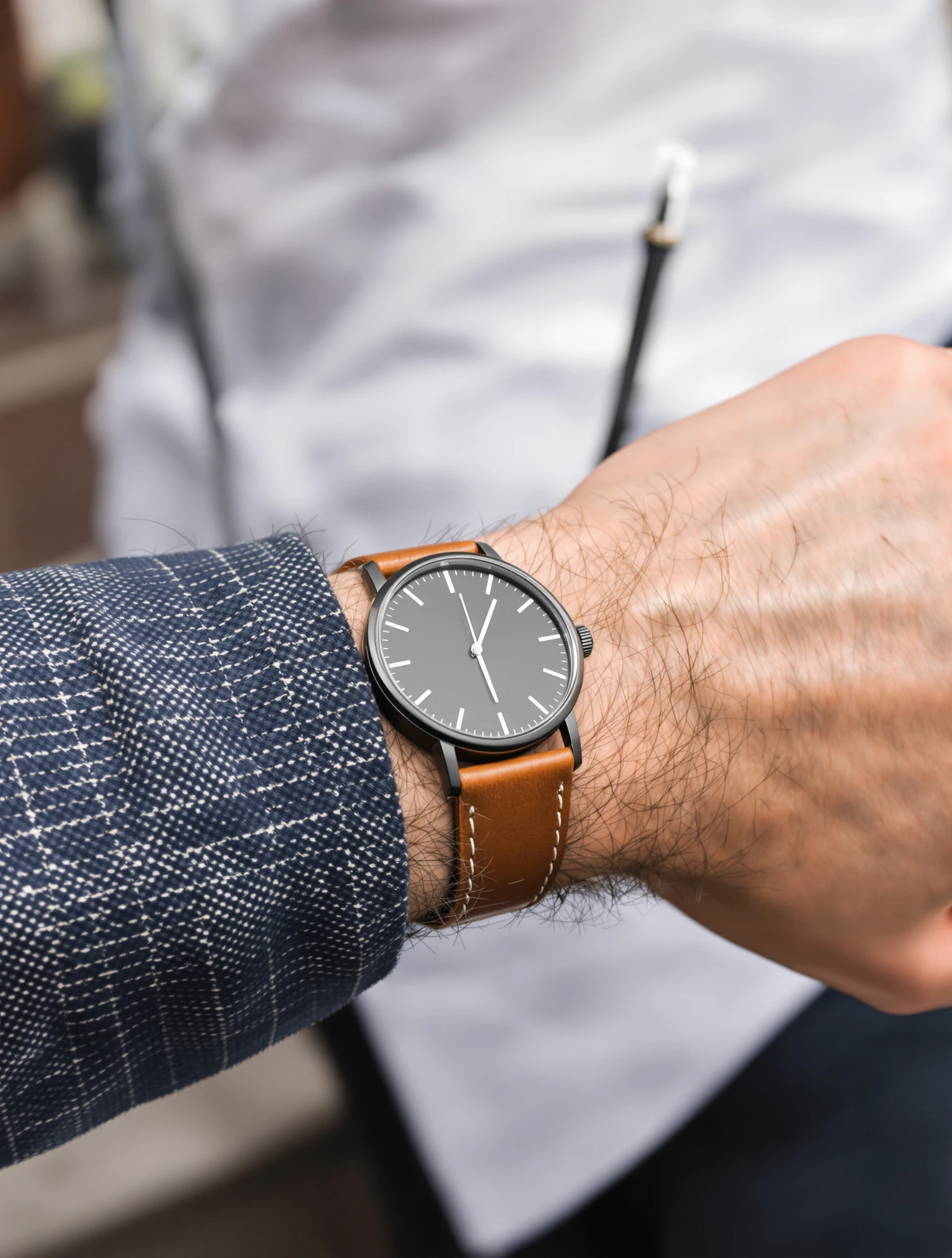 Man with minimal watch on leather strap, understated elegance. Quality timepiece, simple design, refined accessory, thoughtful detail.