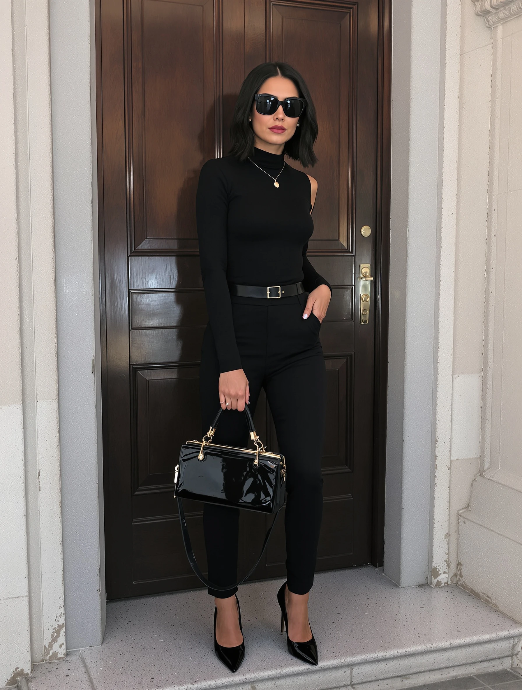 Woman in all-black monochrome 