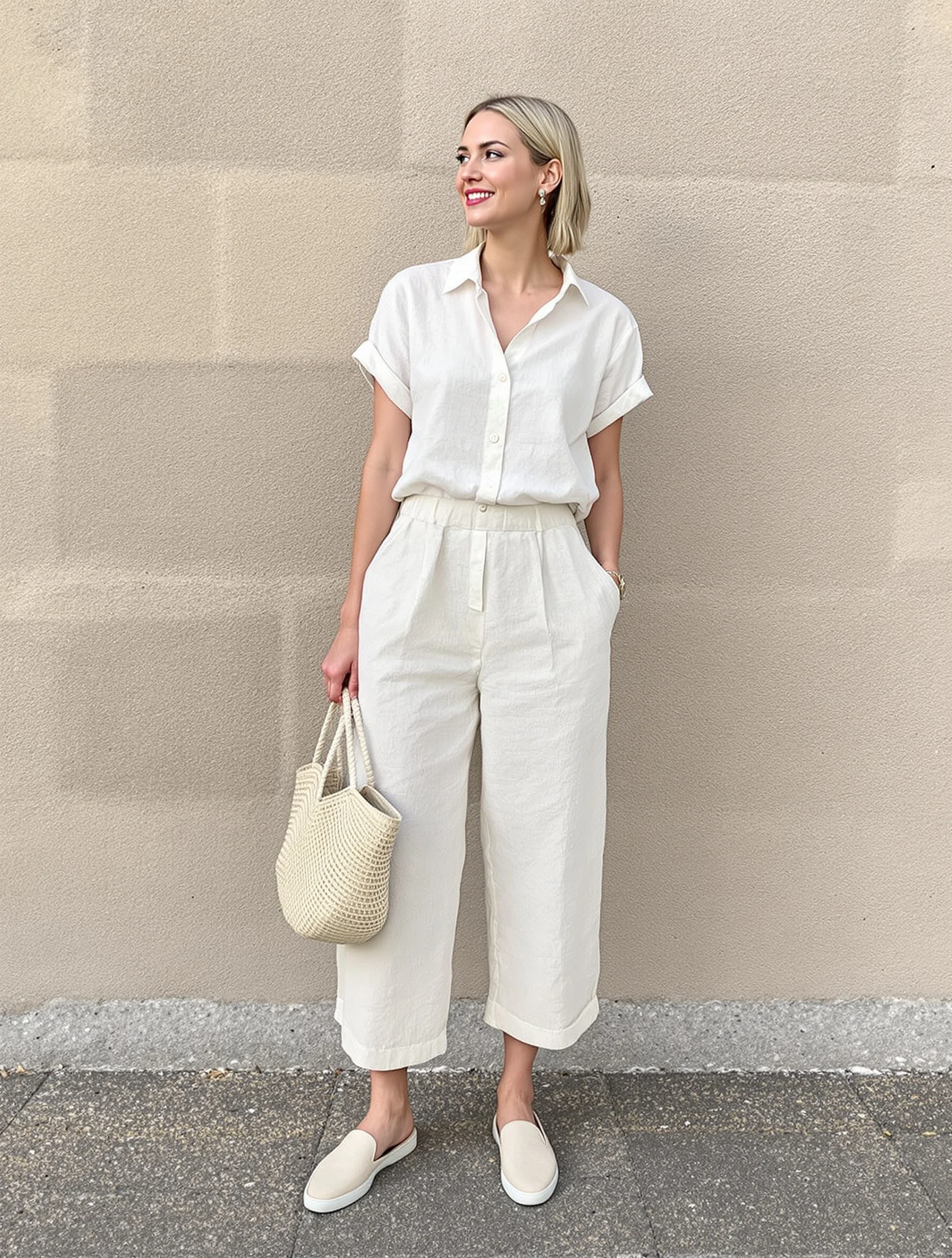 Woman in natural linen outfit, breathable summer minimalism. Organic textures, neutral tones, sustainable style, warm weather elegance.