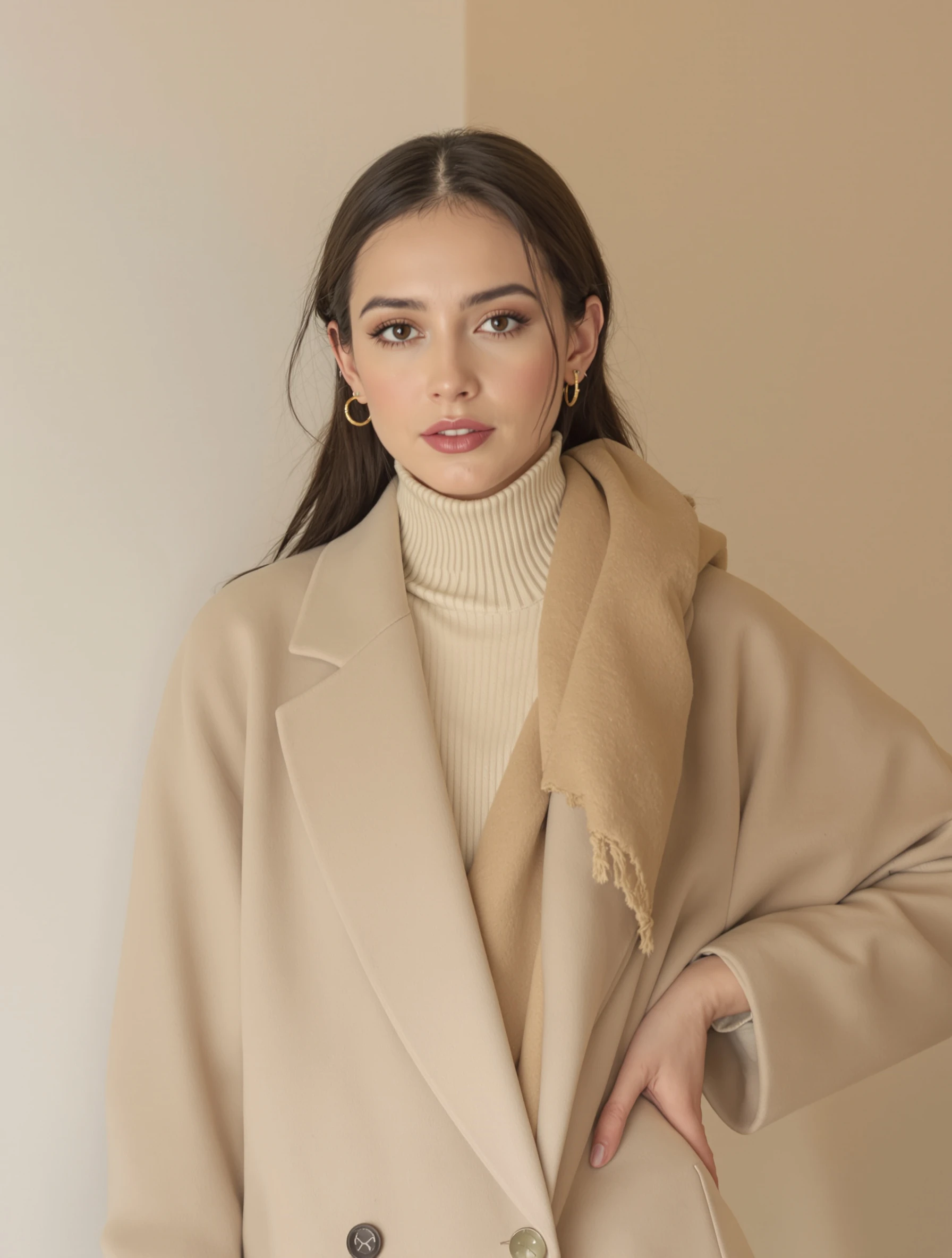 Woman in neutral palette of beige, cream and tan, tonal dressing. Subtle sophistication, color coordination, warm minimalism, refined style.