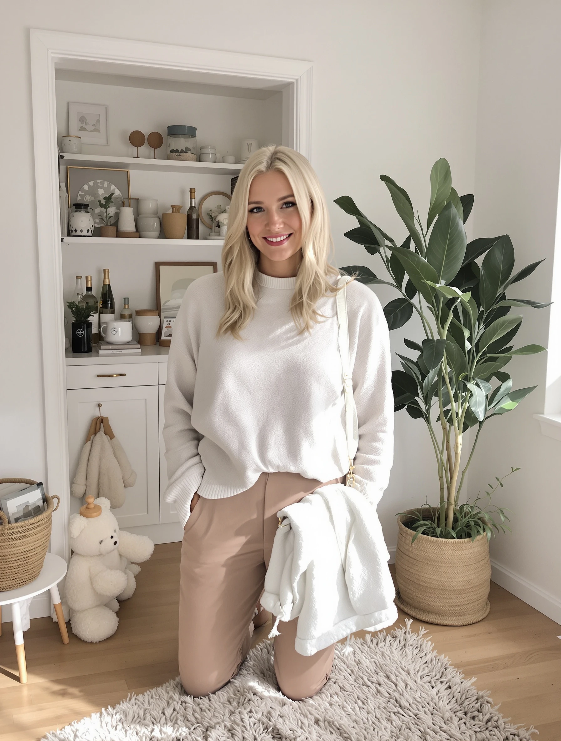 Woman in Scandinavian-inspired clean minimal outfit at home. Hygge aesthetic, comfortable elegance, natural light, cozy minimalism.