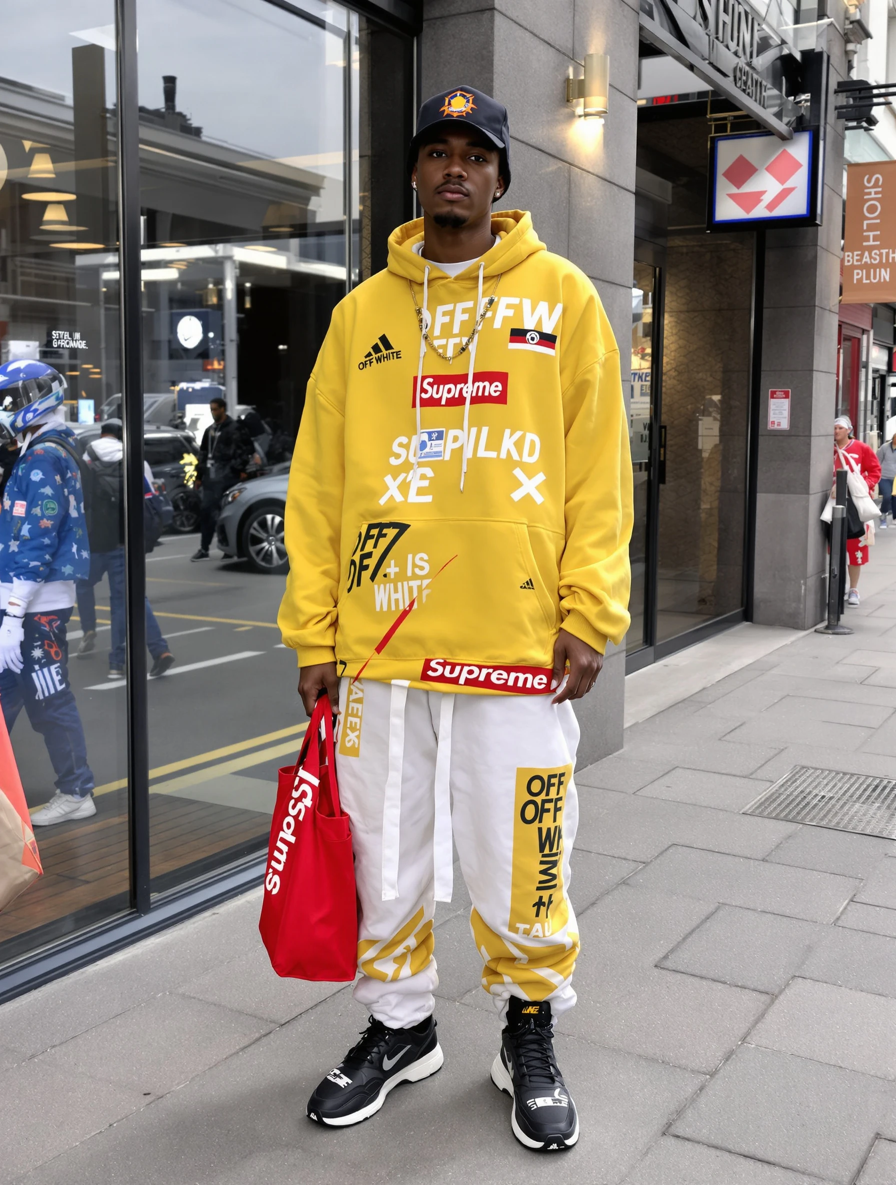 Man in hypebeast outfit with Supreme and Off-White pieces. High-end streetwear, brand showcase, hype culture, collector style.