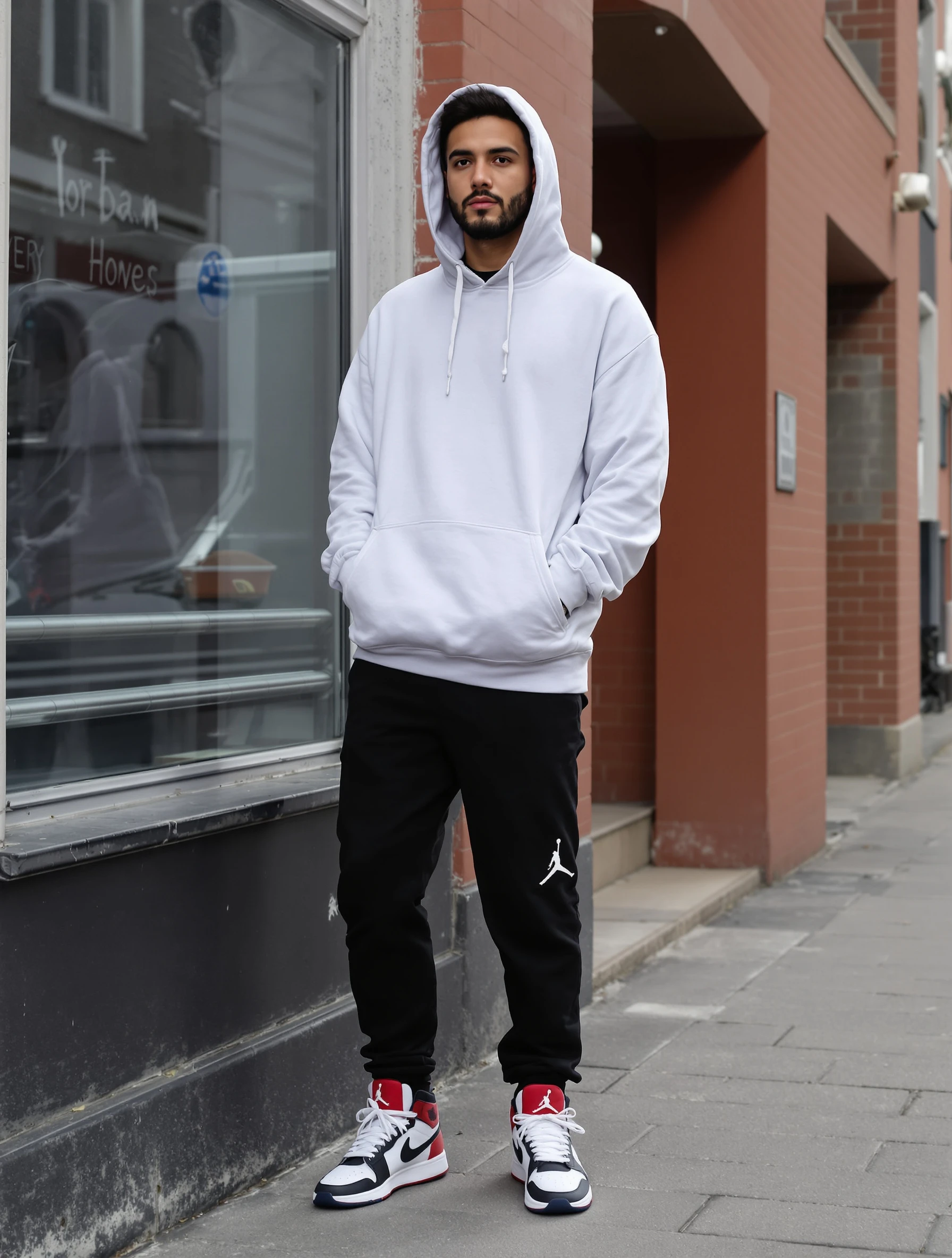 Man in oversized hoodie and Jordan sneakers, urban setting. Classic streetwear combo, comfortable cool, sneaker culture, effortless style.