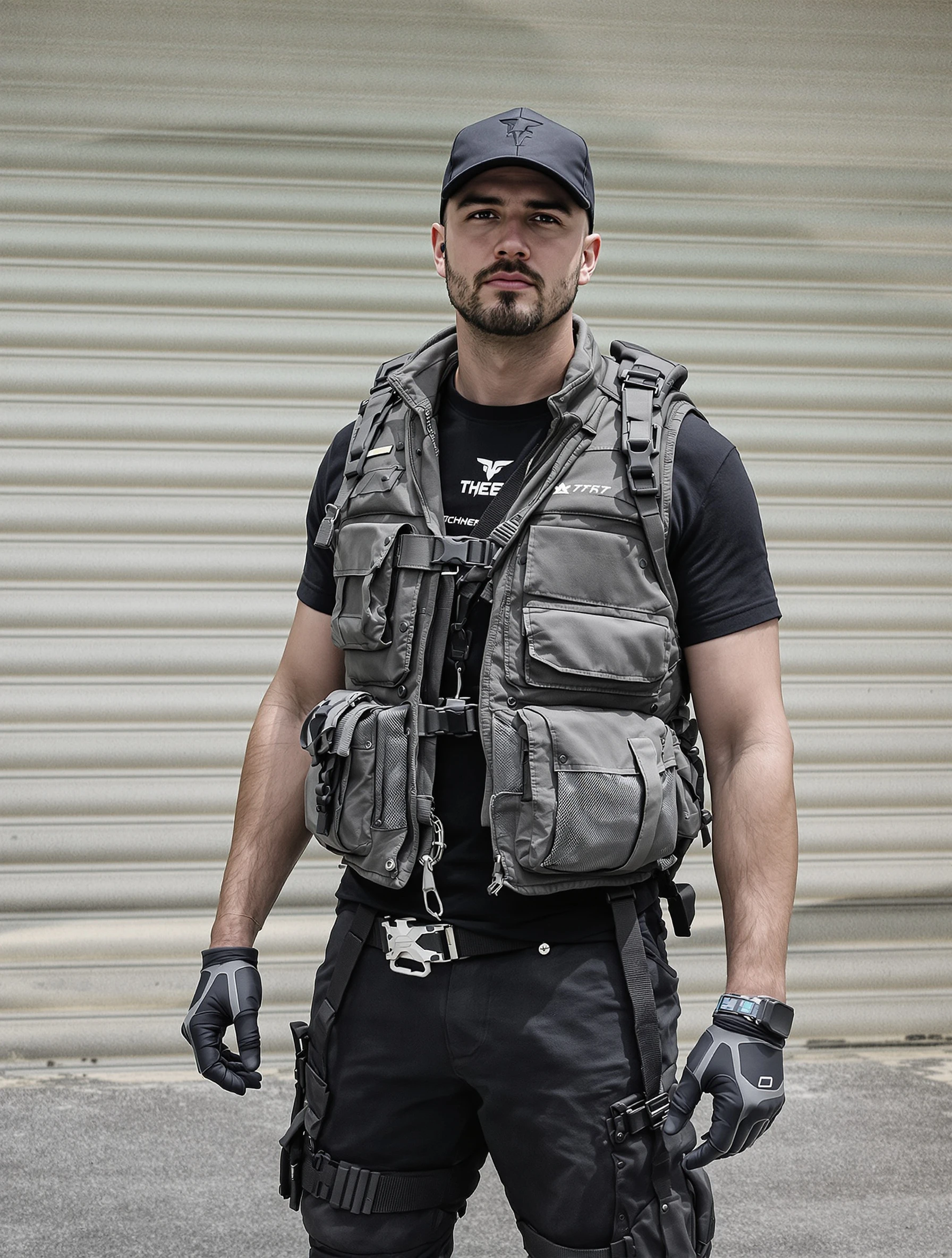 Man in techwear outfit with cargo pants and utility vest. Functional fashion, cyberpunk aesthetic, modern urban, utilitarian style.