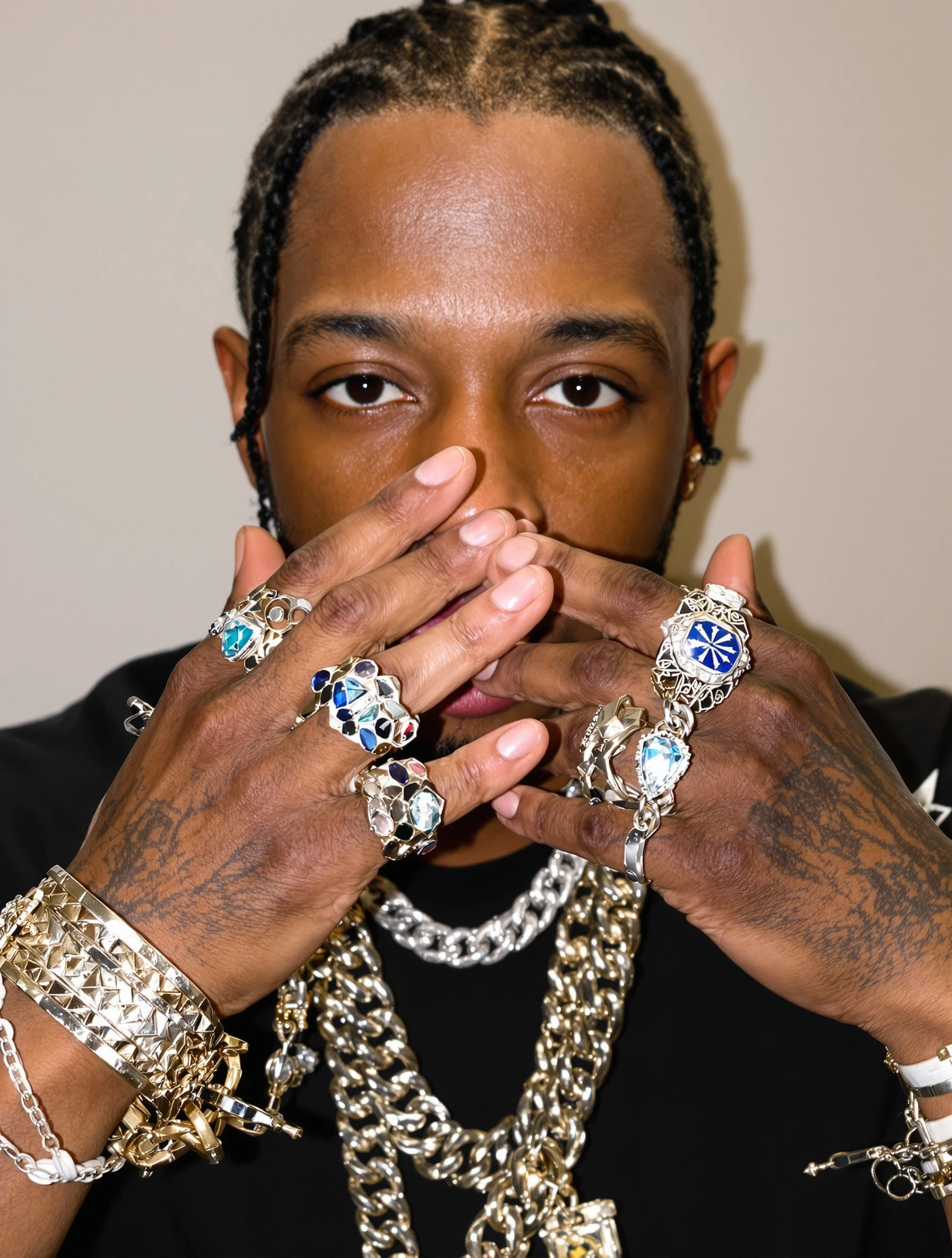 Man with statement chains and rings, accessories game strong. Street jewelry, hip-hop influence, bold adornment, confident style.