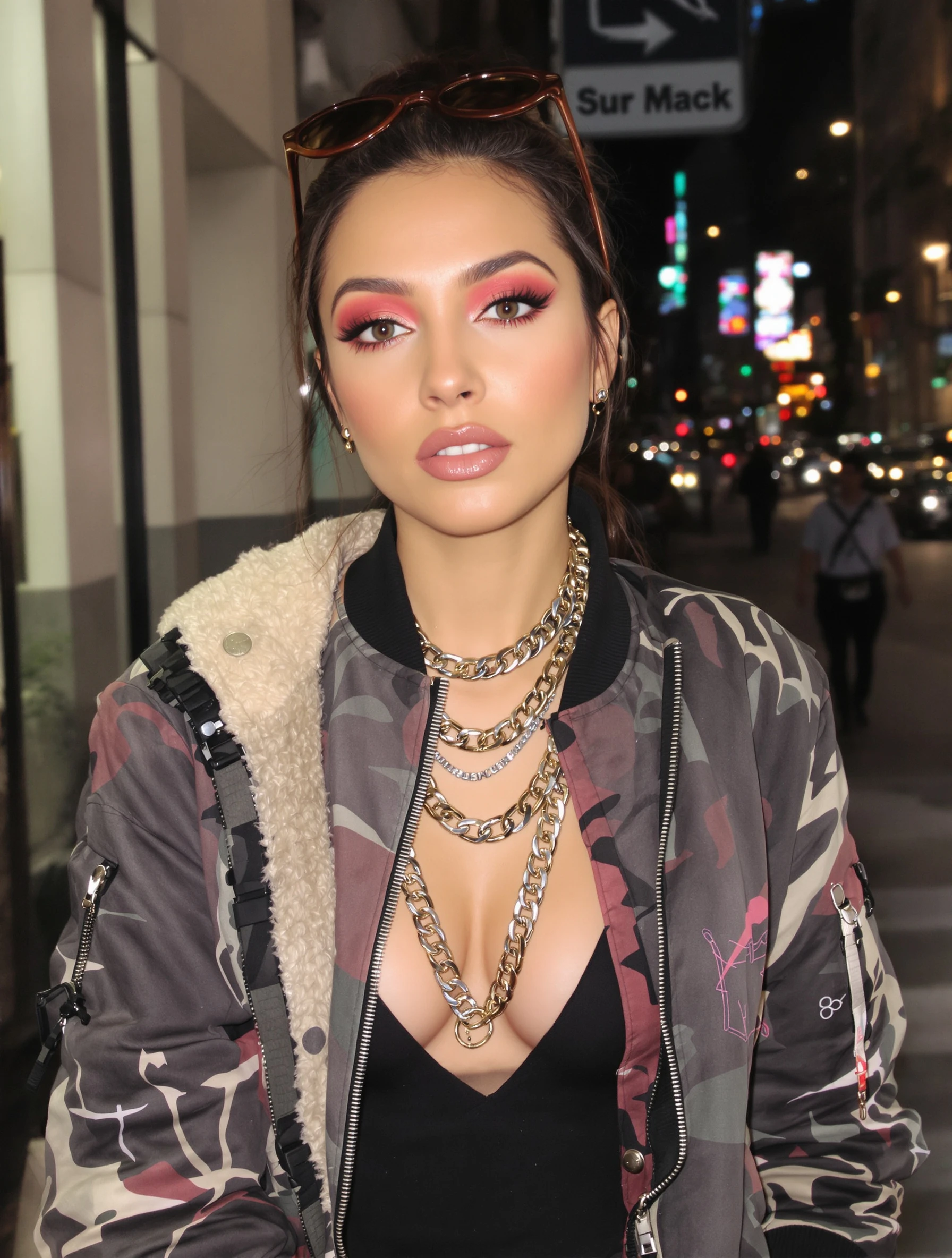 Woman in bomber jacket with chain necklaces, urban night setting. Street fashion layers, edgy accessories, city night vibes, bold style.
