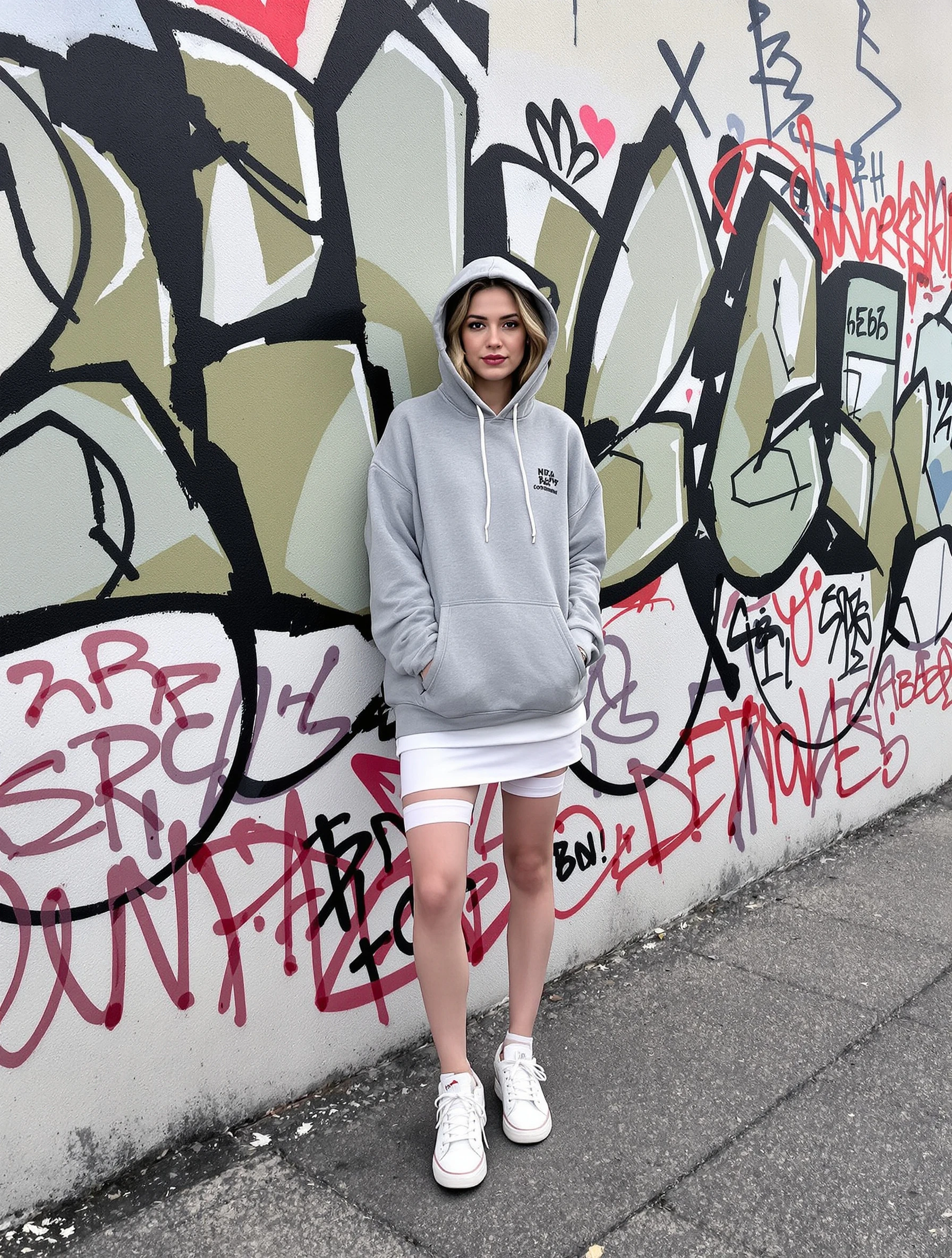 Woman in oversized hoodie and 