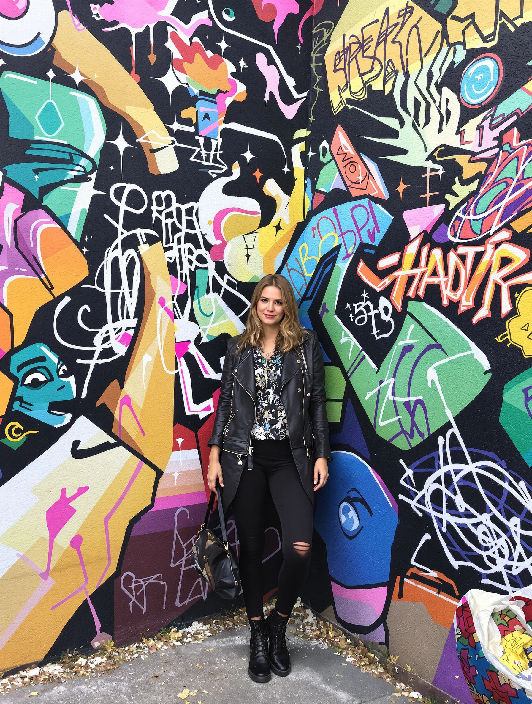 Woman posing against colorful graffiti mural, street fashion showcase. Urban art backdrop, style meets art, city culture, Instagram moment.