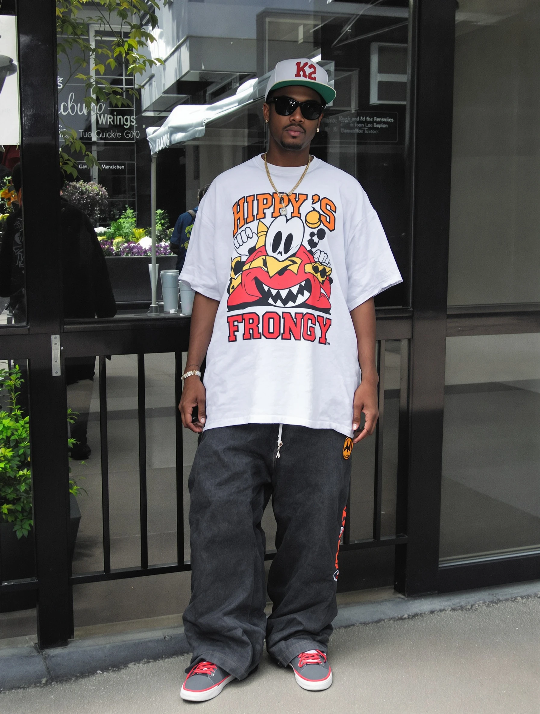 Man in baggy jeans and oversized graphic tee, 2000s hip-hop style. Y2K streetwear, logo heavy, comfortable fit, millennium casual.