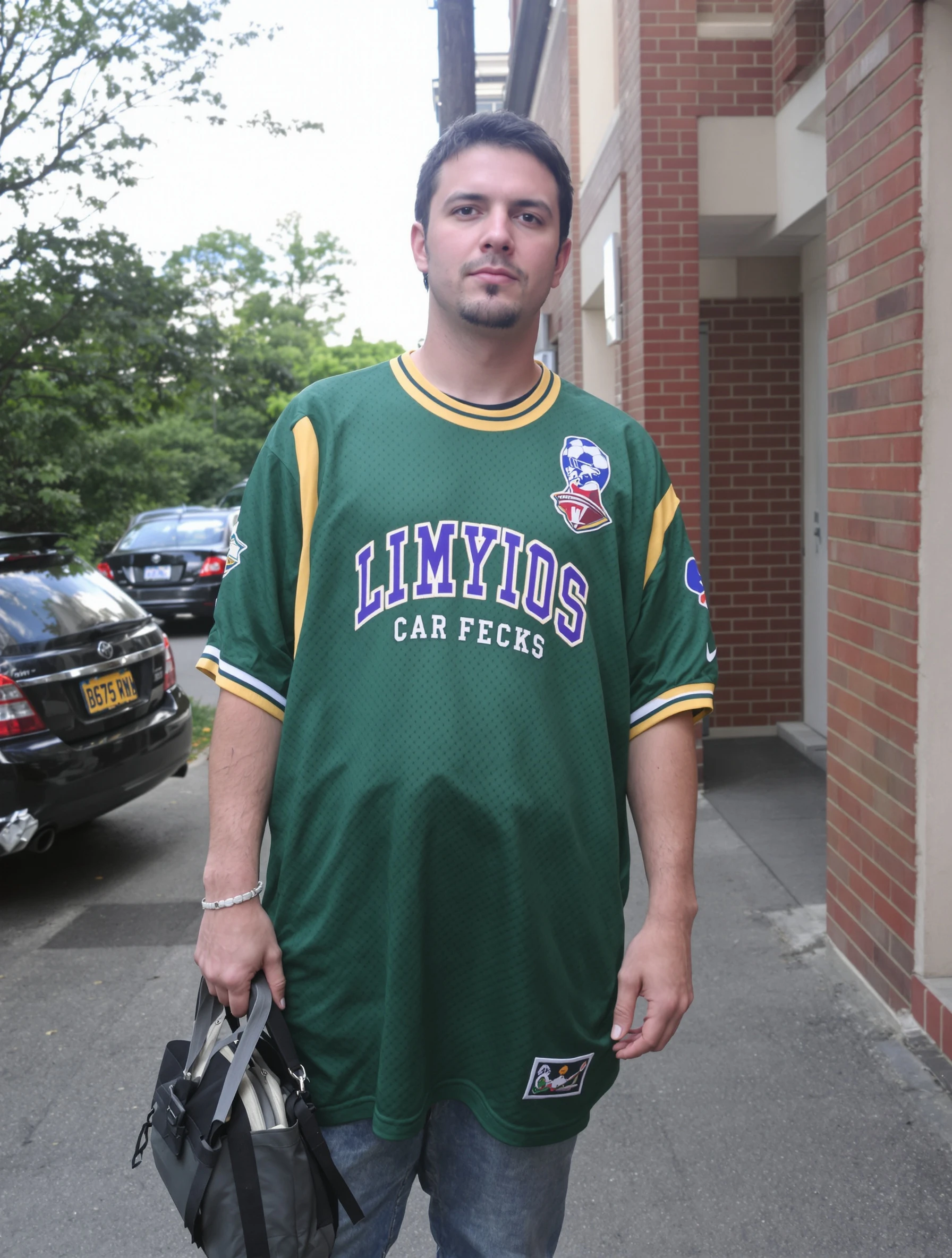 Man in throwback sports jersey, Y2K athletic vintage. Retro team gear, oversized fit, nostalgic sports fashion, millennium casual.