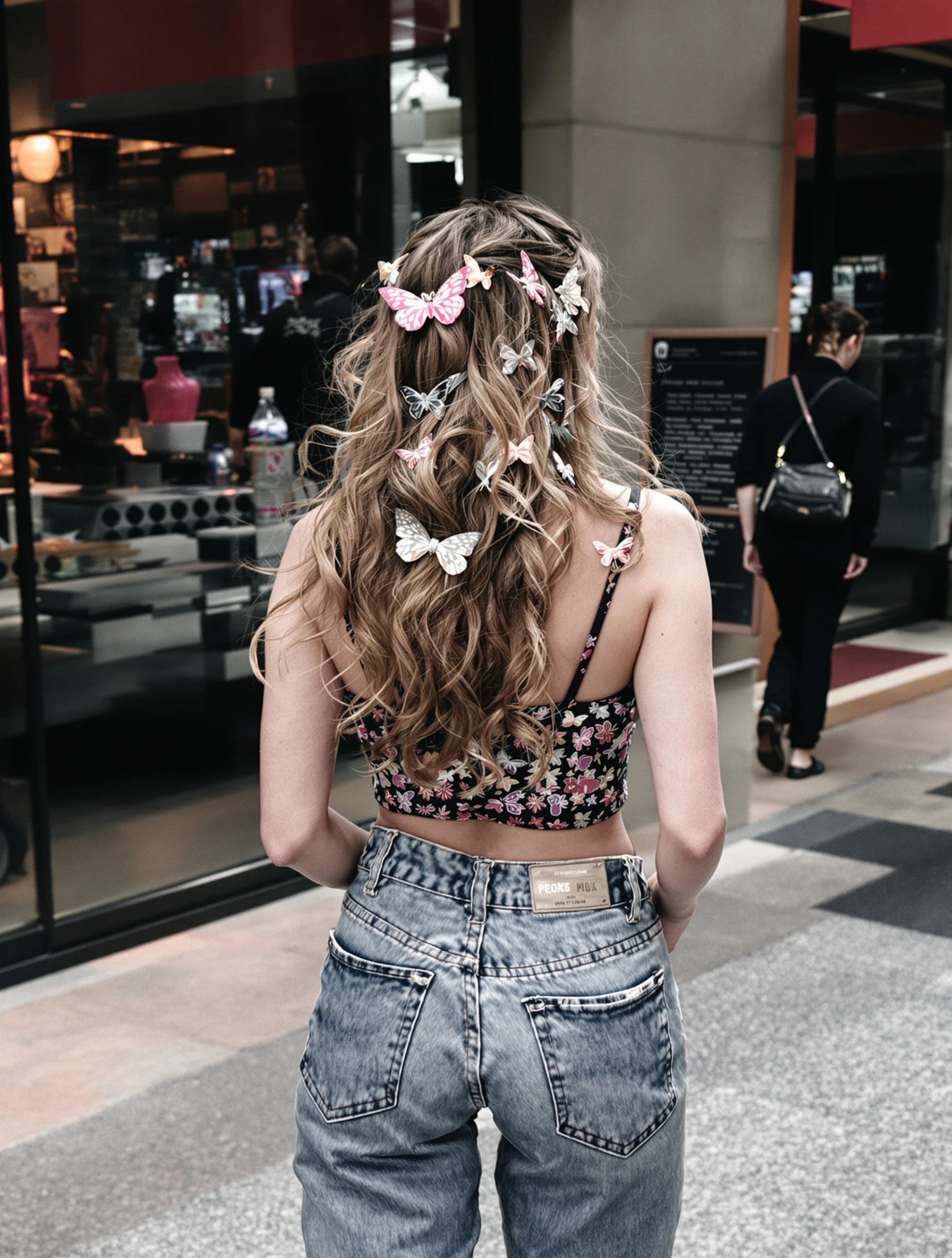 Woman in low-rise jeans with b