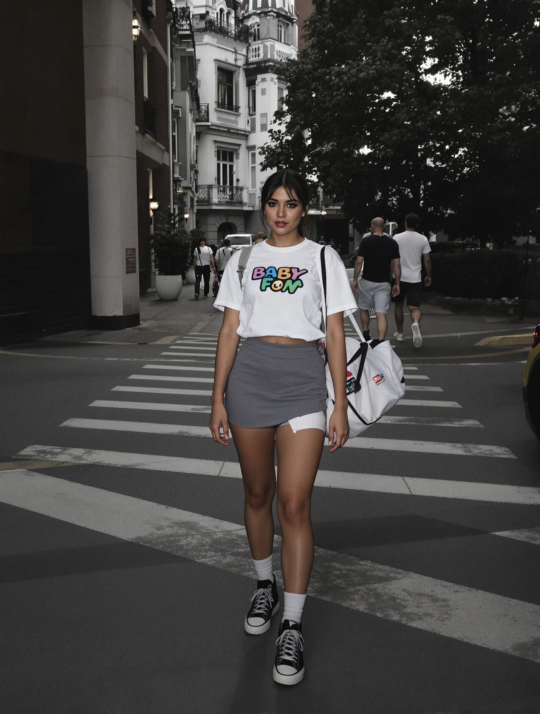 Woman in tiny baby tee and min