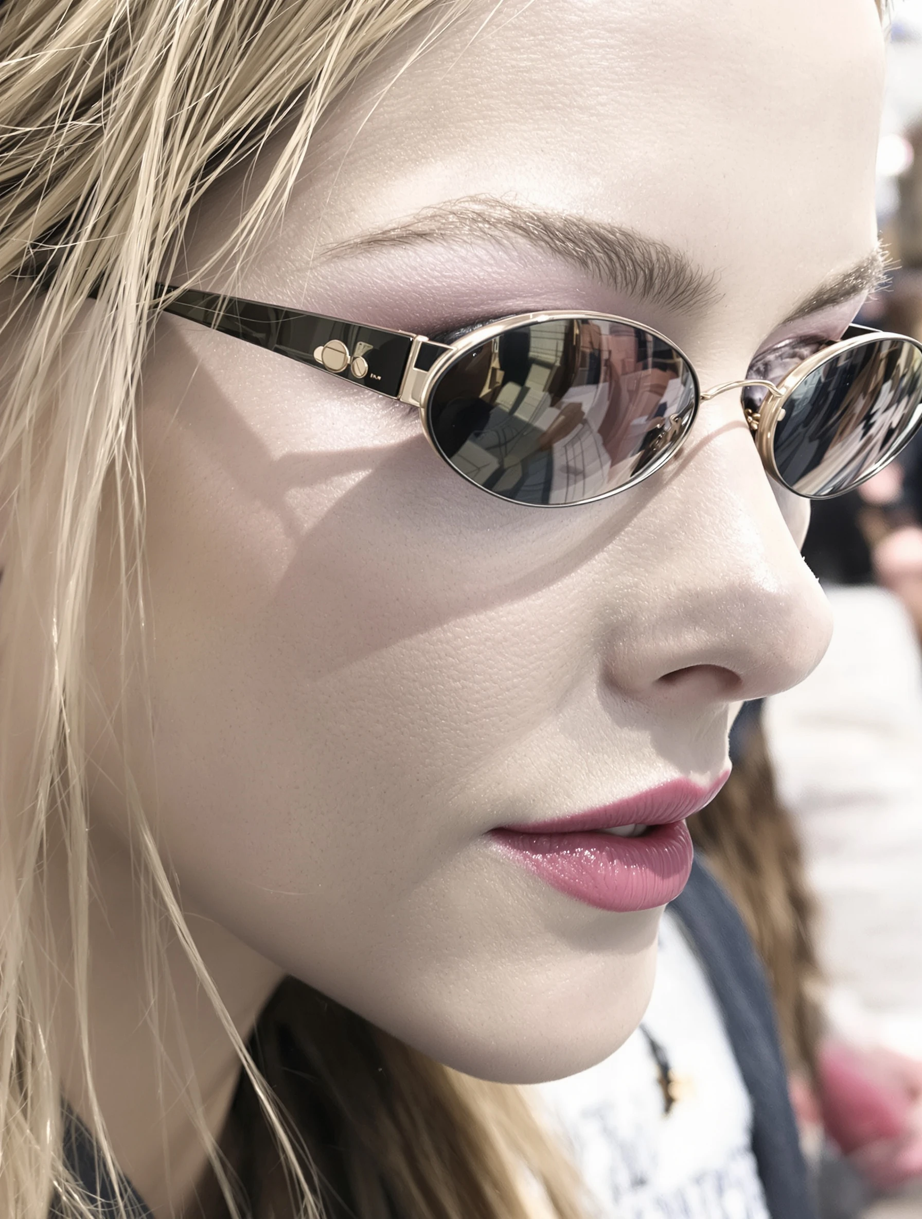 Woman wearing tiny oval sunglasses, Matrix-inspired Y2K accessory. Slim shades, futuristic retro, trend eyewear, millennium cool.