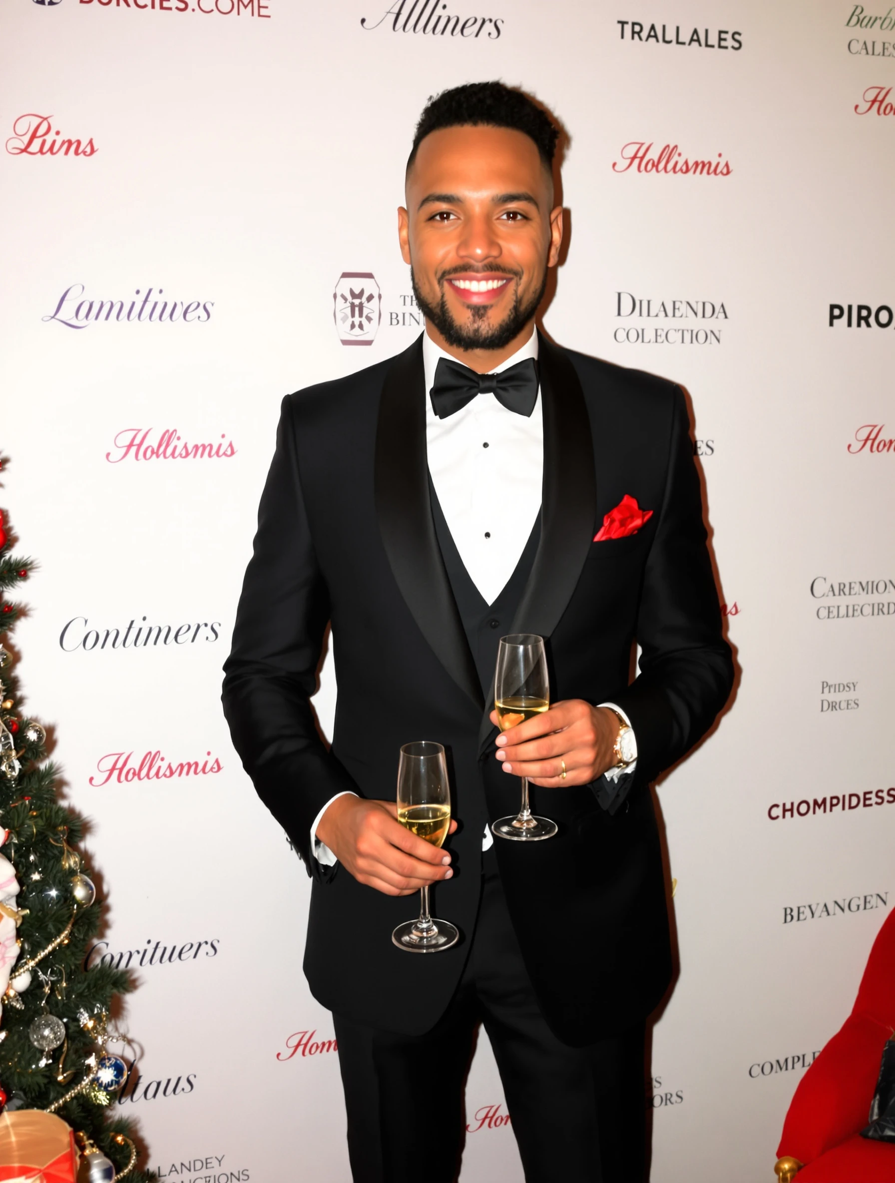Man at elegant Christmas party in suit, festive but refined. Holiday sophistication, seasonal celebration, champagne and conversation, festive elegance.