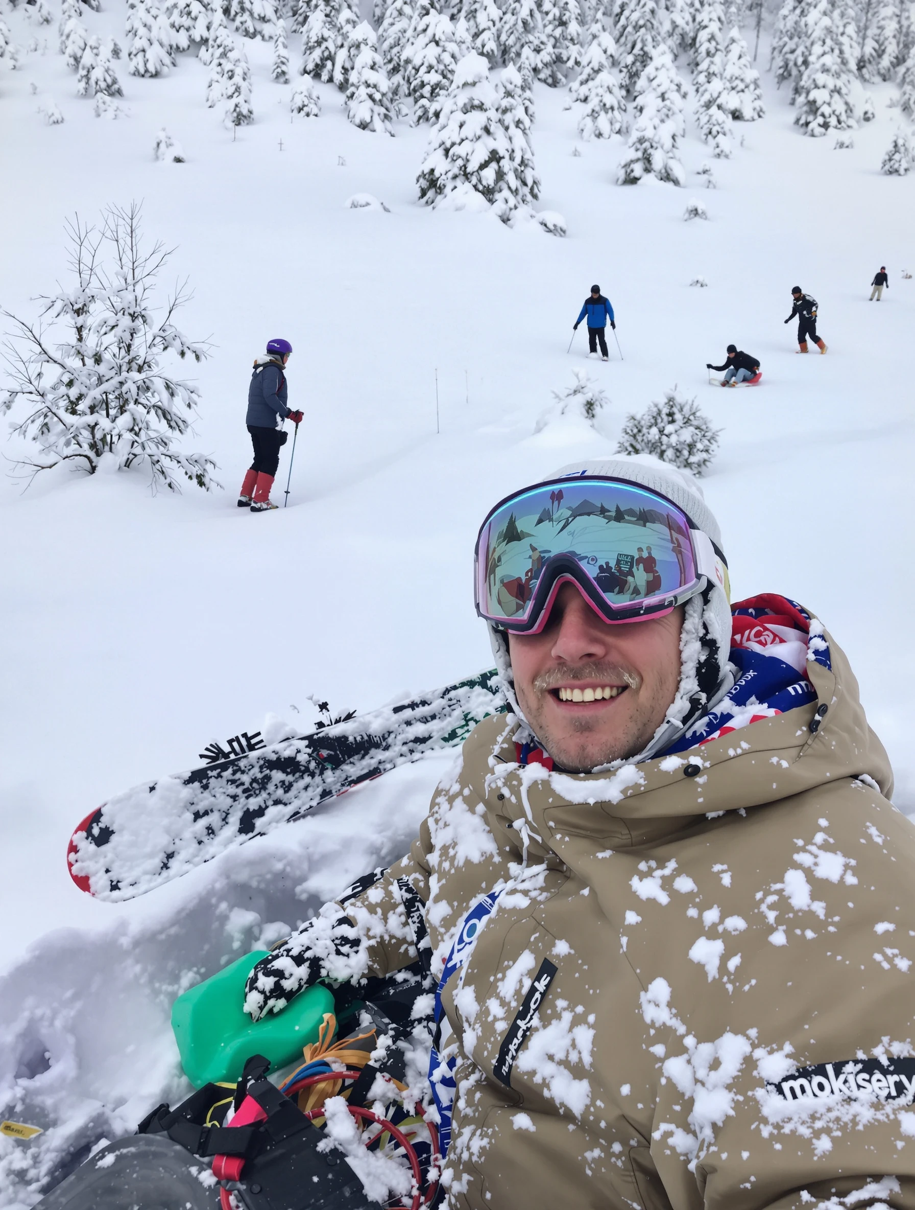 Man enjoying winter snow activities like skiing or sledding. Winter sports, holiday adventure, snowy landscape, seasonal fun.