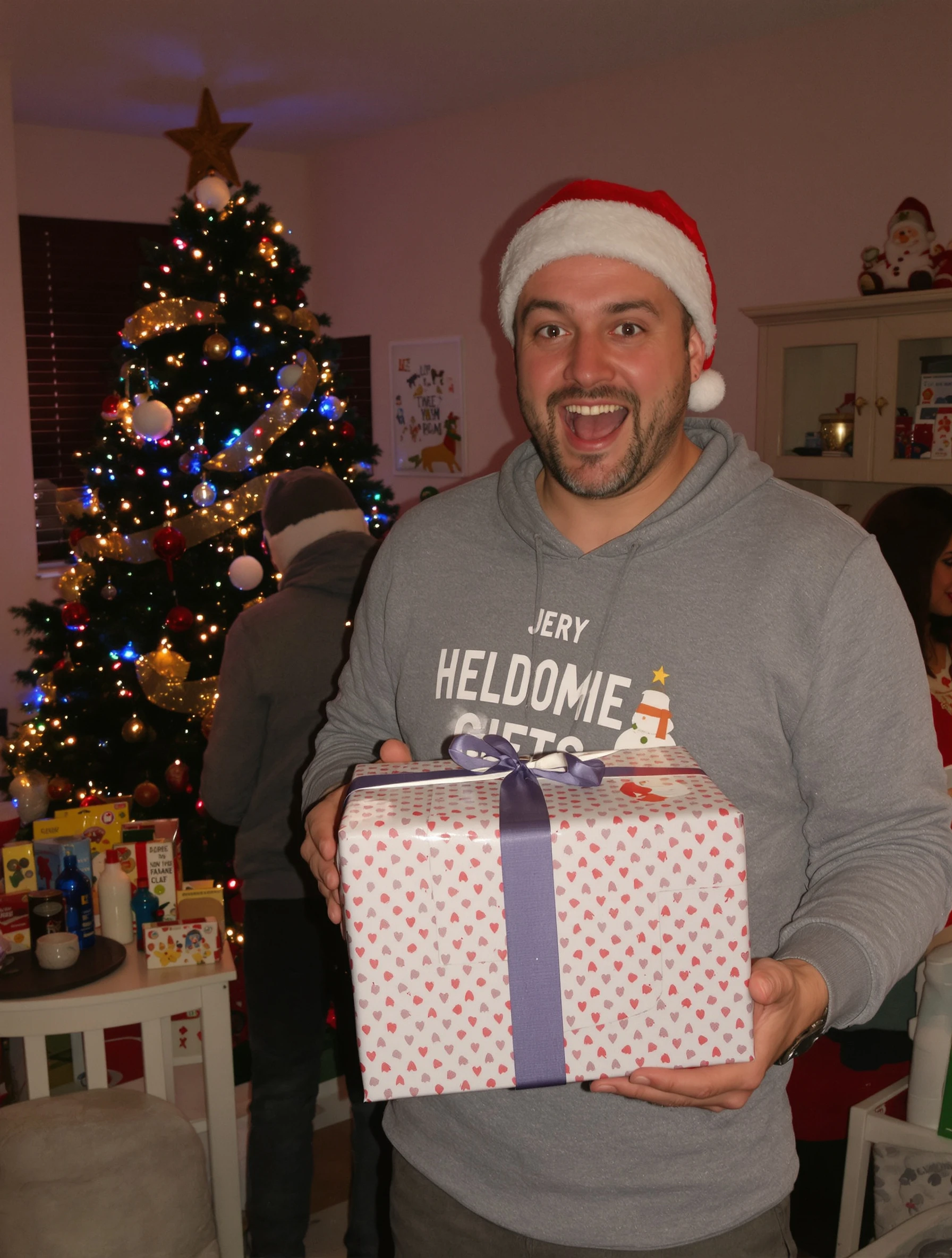 Man giving gifts on Christmas morning, excited generous expression. Holiday giving, wrapped presents, joyful moment, gift exchange.