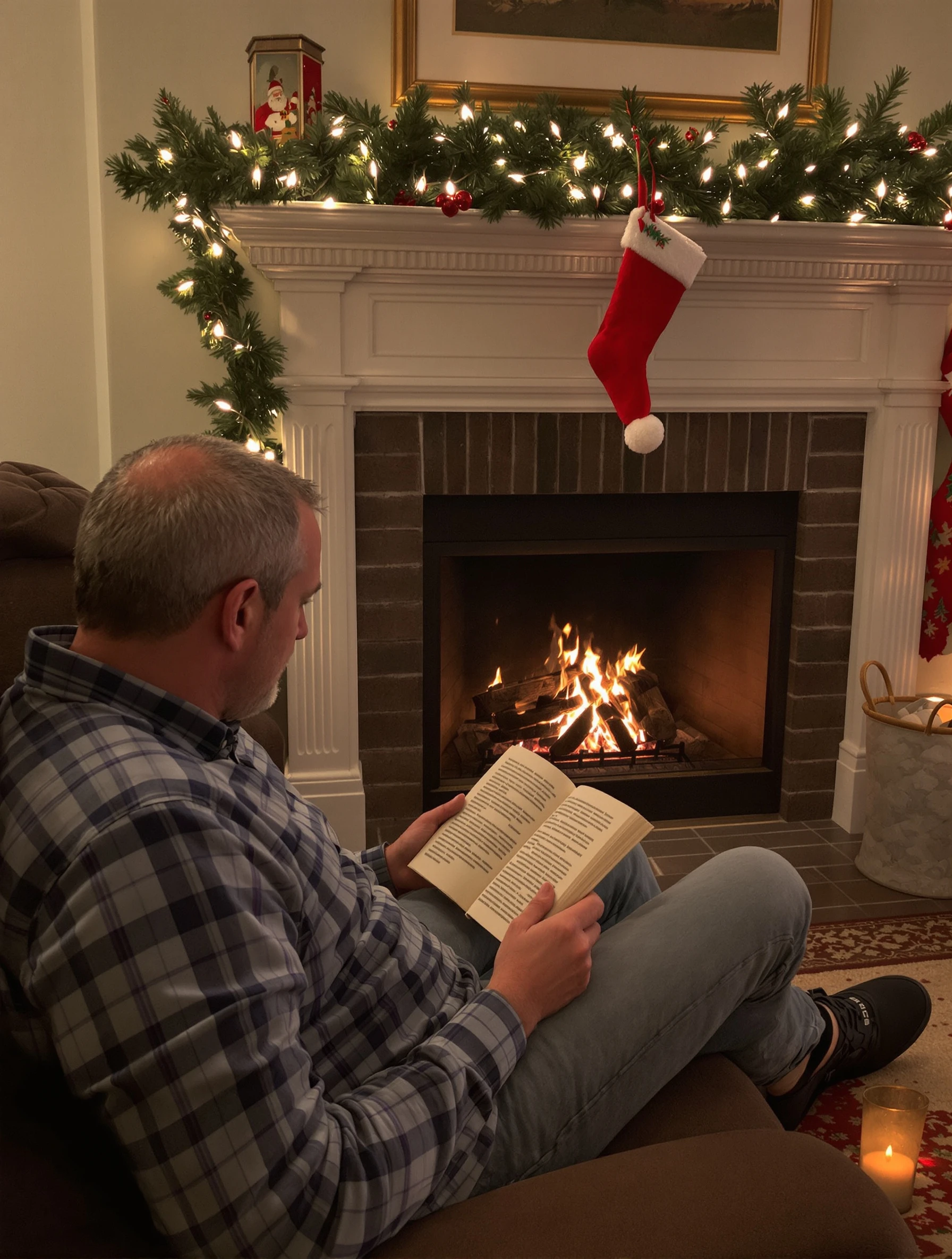 Man reading by fireplace on Christmas evening, cozy contentment. Holiday relaxation, warm fire, peaceful moment, seasonal comfort.