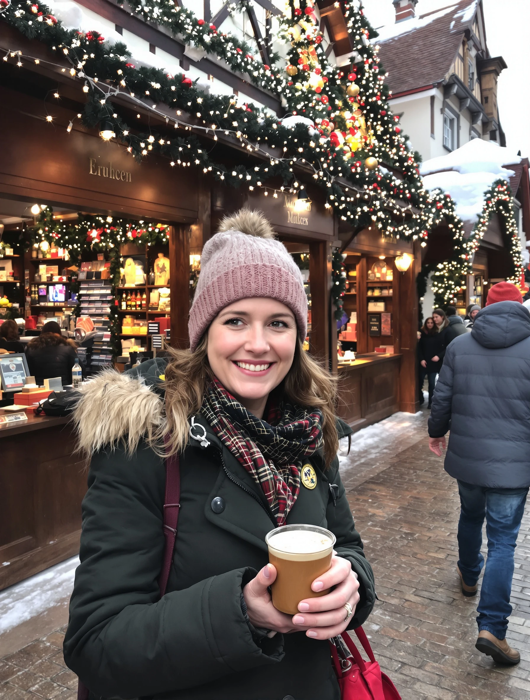 Woman at European Christmas market, mulled wine in hand, wooden stalls. Holiday travel, festive atmosphere, twinkling lights, magical experience.
