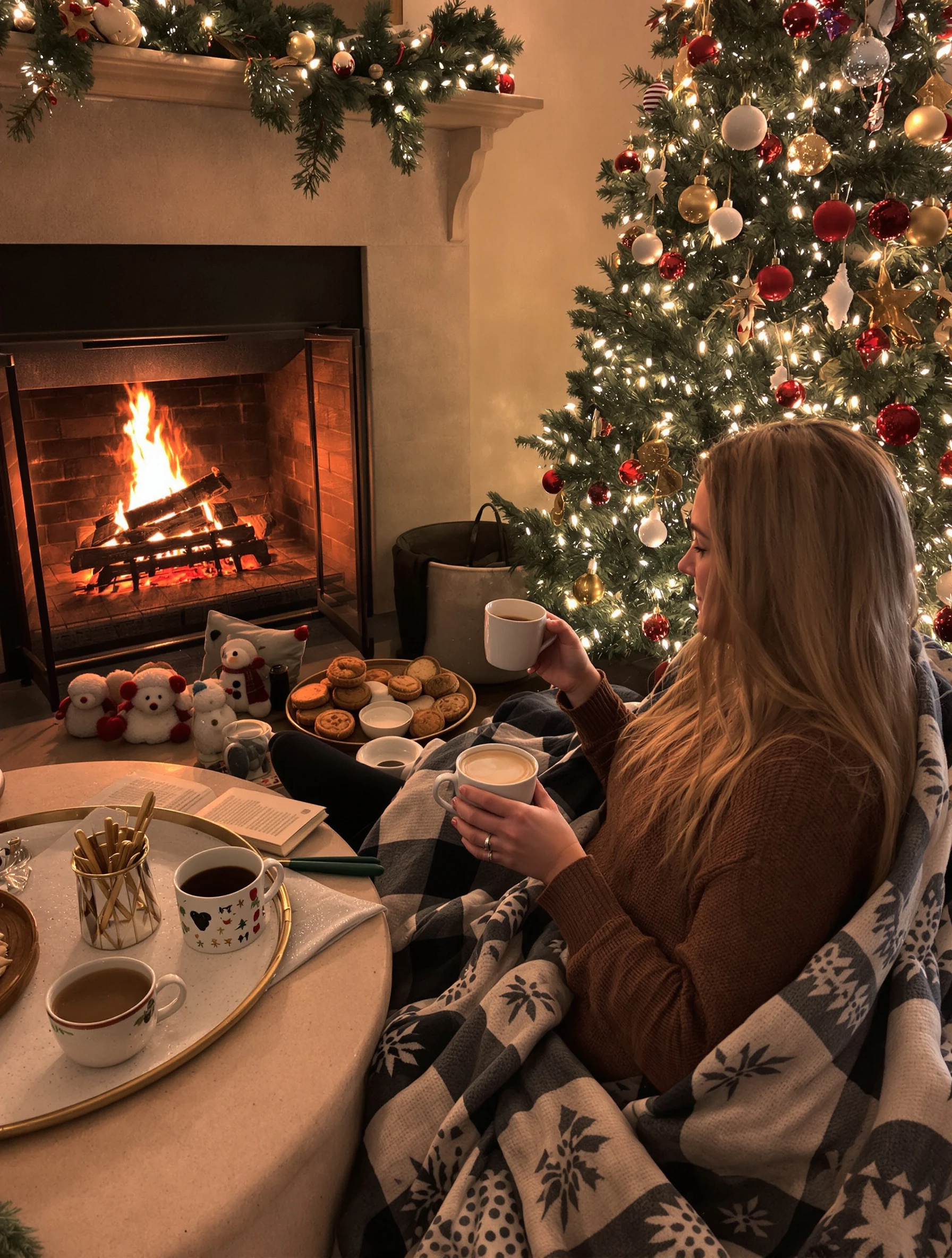 Woman by fireplace with hot cocoa and cozy blanket, Christmas tree glowing. Ultimate hygge, peaceful holiday, warm contentment, seasonal comfort.