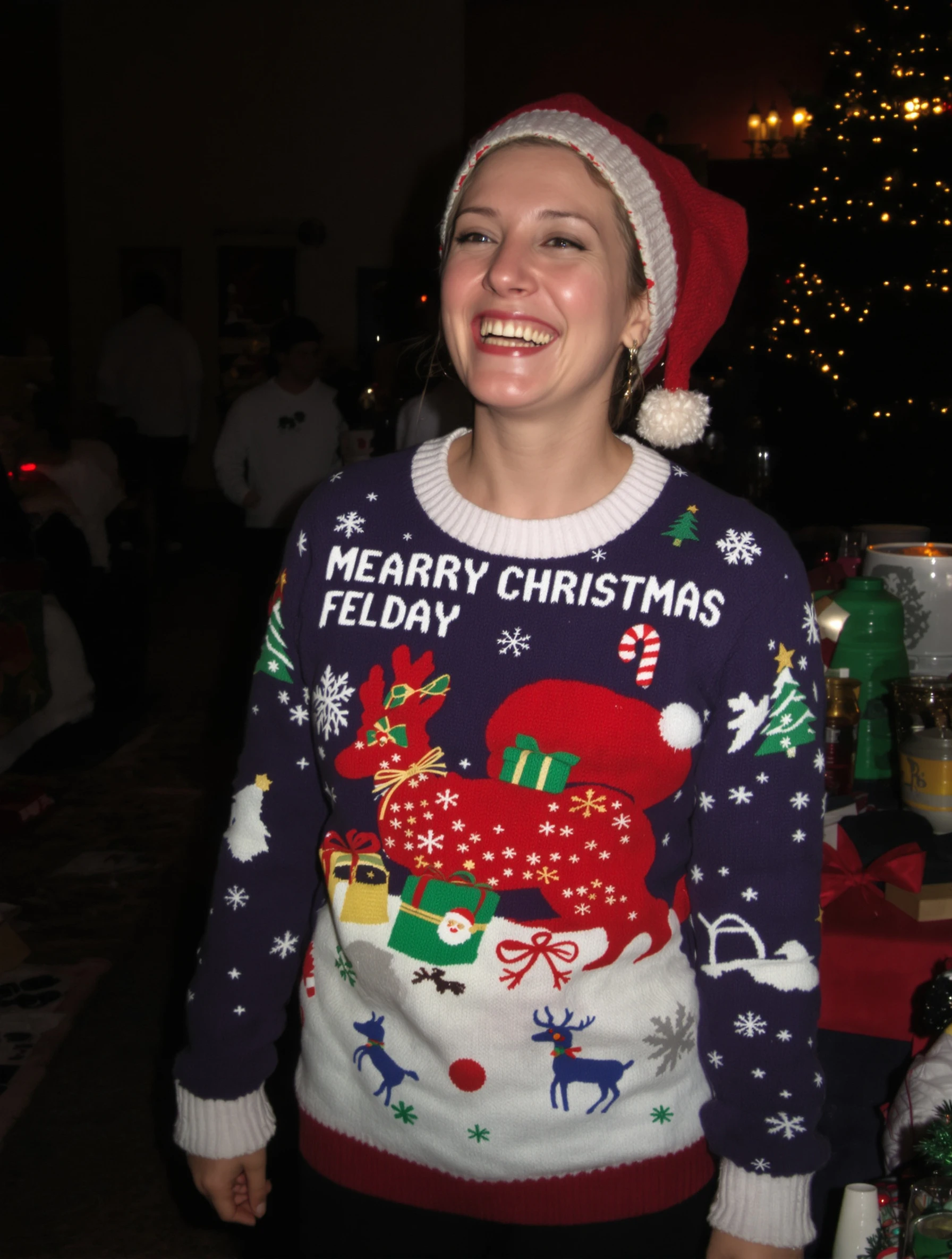 Woman in funny ugly Christmas sweater, laughing at holiday party. Festive humor, ironic fashion, good spirits, holiday fun.