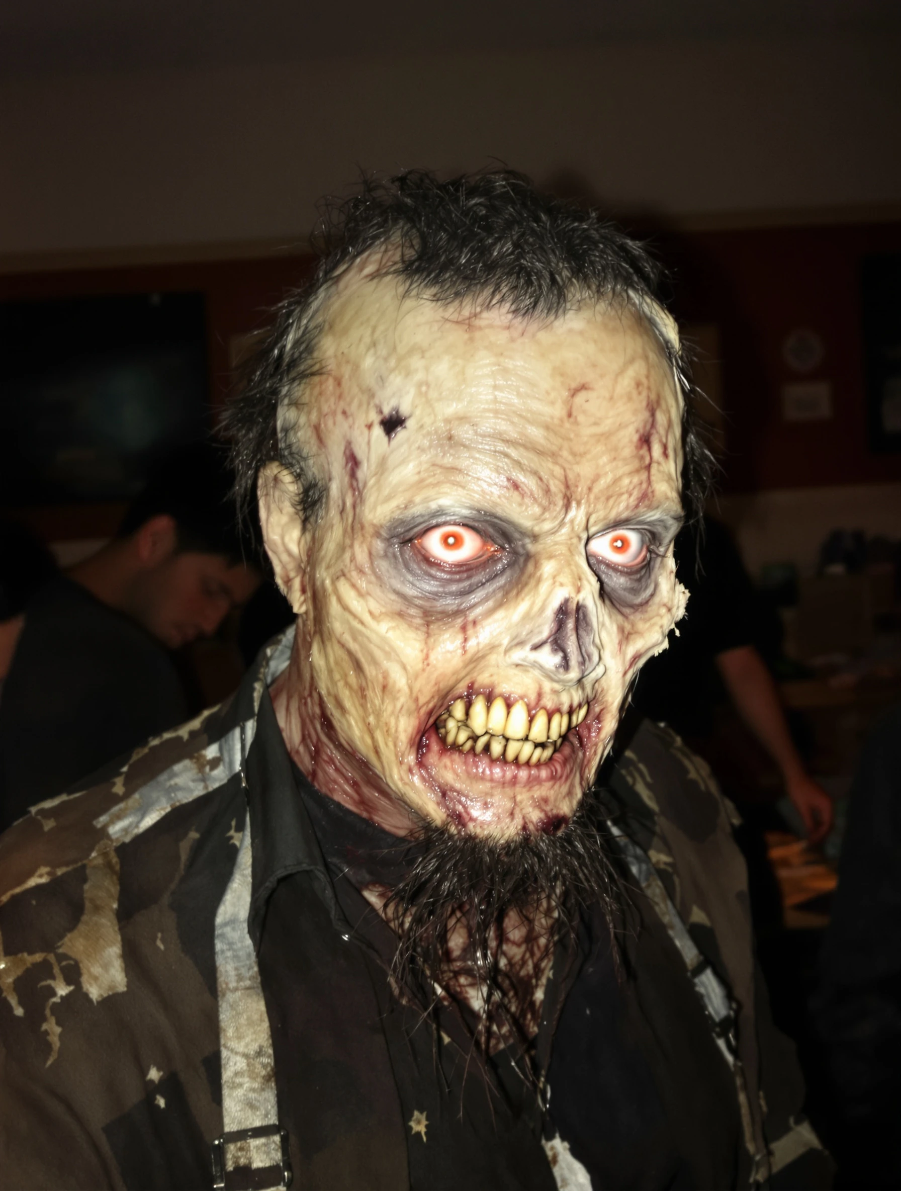 Man as zombie with impressive undead makeup, walking dead style. Horror costume, decaying details, spooky realistic, Halloween fright.