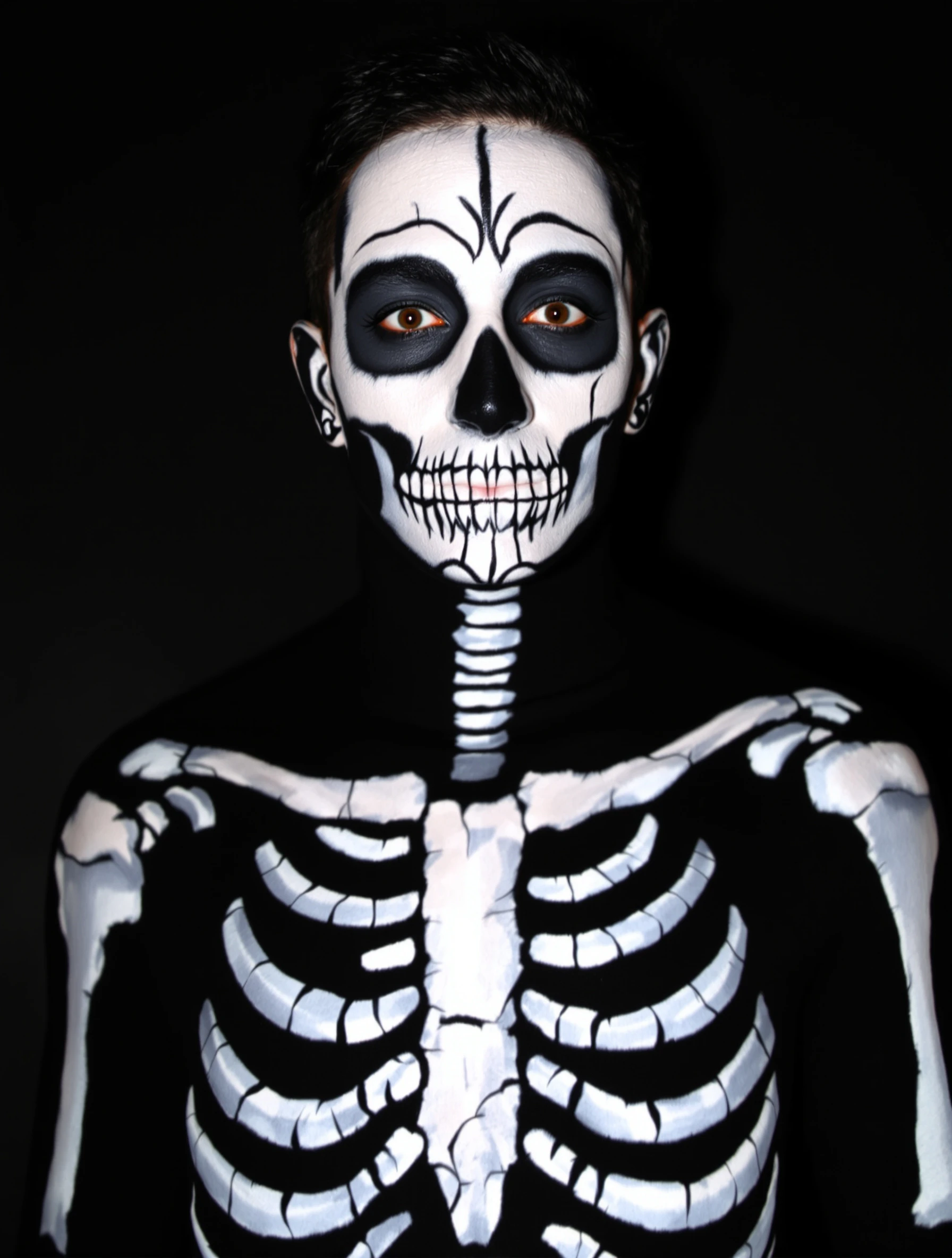 Man with artistic skeleton costume and face paint. Bone structure makeup, Day of the Dead influence, graphic design, Halloween art.