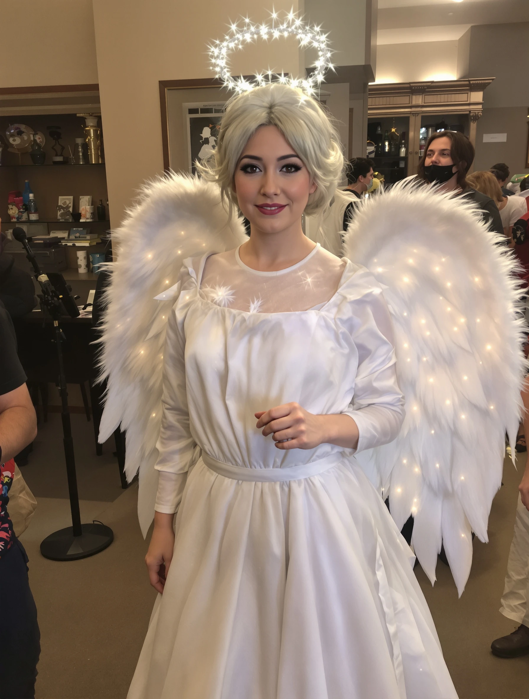 Woman as ethereal angel in white costume, heavenly Halloween. Innocent costume, wings and halo, angelic beauty, celestial style.