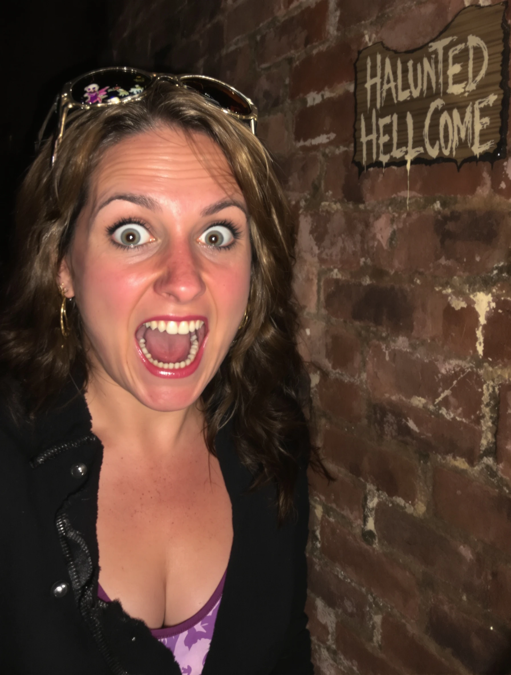 Woman at haunted house attraction, scared expression but having fun. Halloween entertainment, spooky thrills, frightful fun, seasonal adventure.