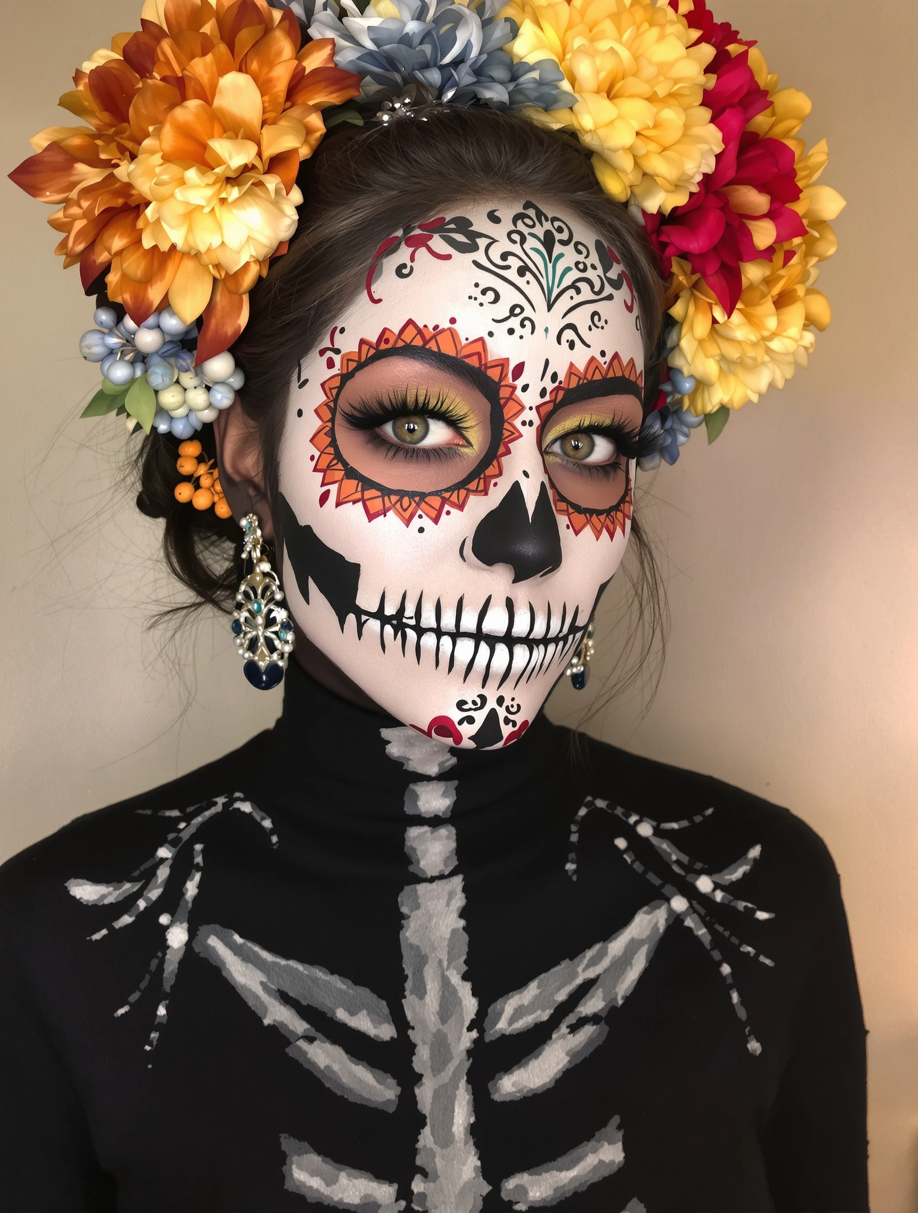 Woman with artistic skull makeup, Day of the Dead inspiration. Face paint artistry, detailed design, cultural aesthetic, beautiful macabre.