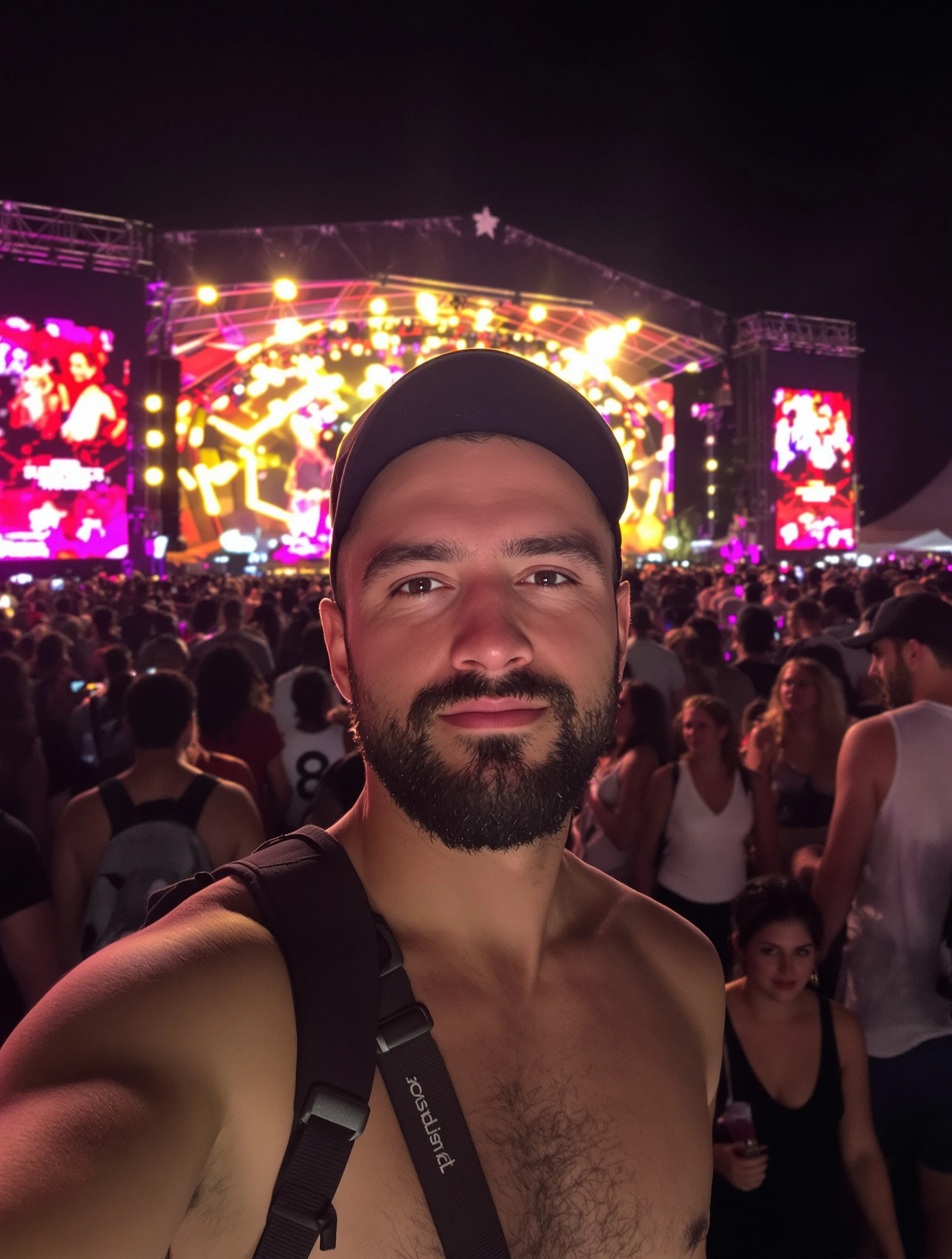 Man at outdoor summer music festival with friends. Concert crowd, live music, summer nights, festival energy.