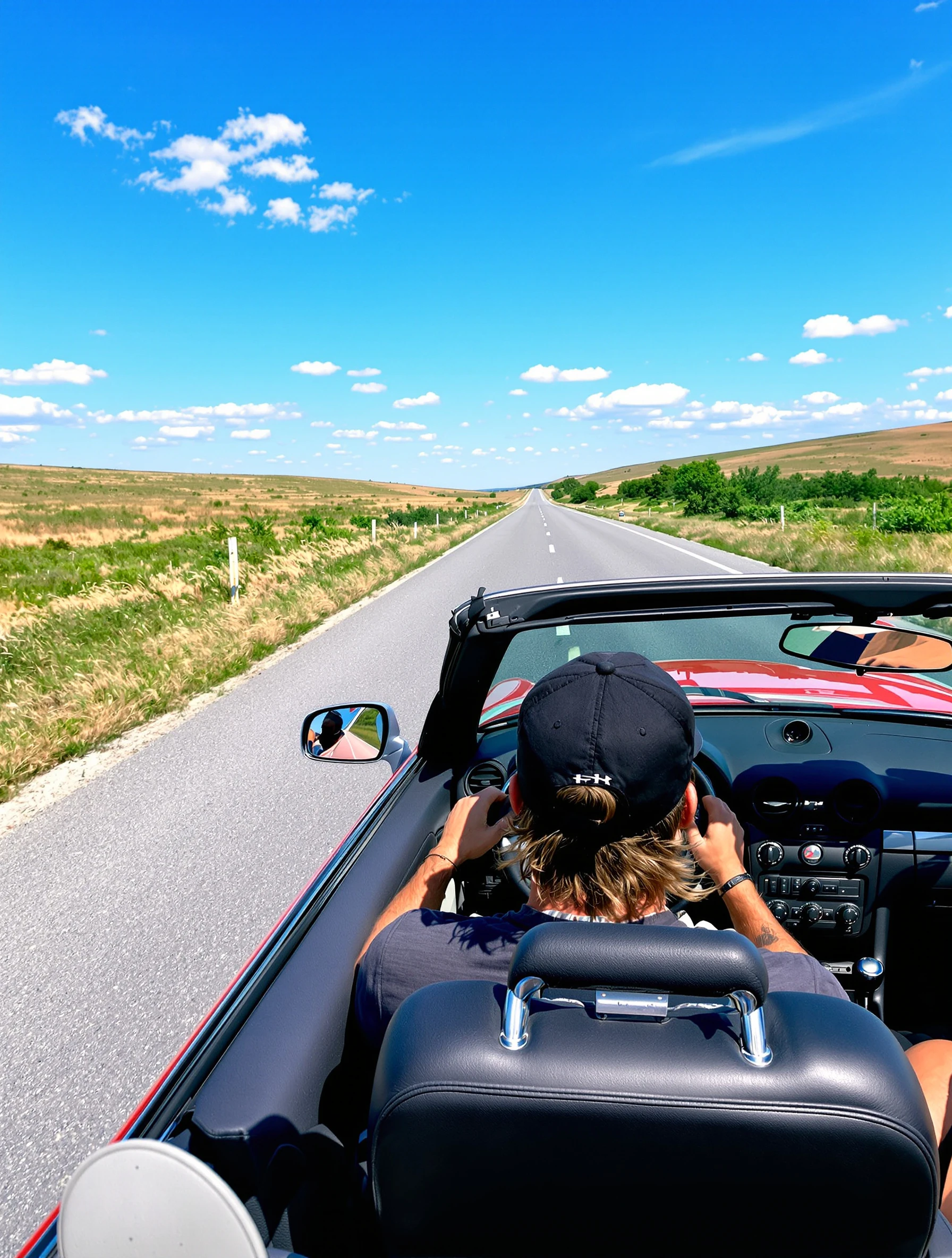 Man on summer road trip in convertible, freedom drive. Open road, wind in hair, adventure calling, summer journey.