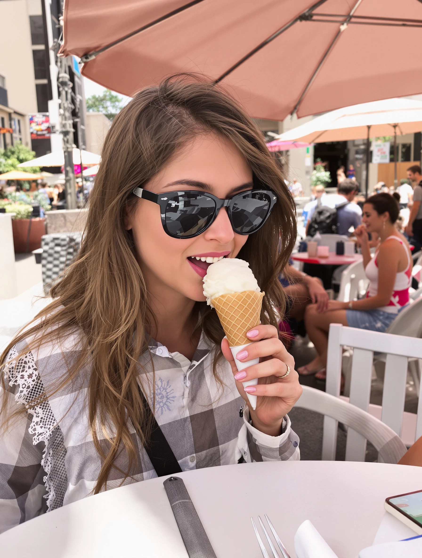 Woman eating ice cream cone on hot summer day, simple joy. Sweet treat, summer refreshment, playful moment, seasonal delight.