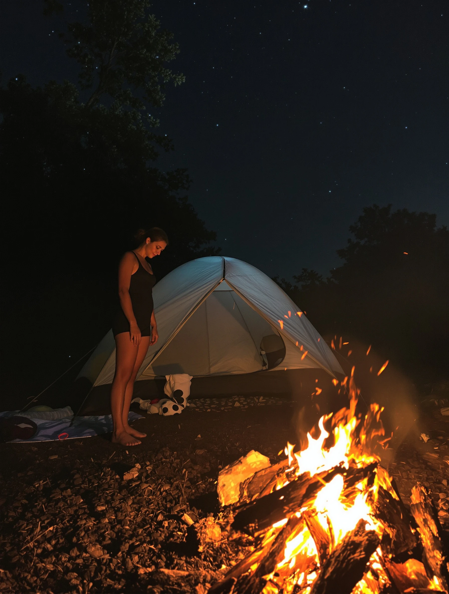 Woman summer camping in nature, tent and campfire setting. Outdoor adventure, nature escape, under stars, summer wilderness.