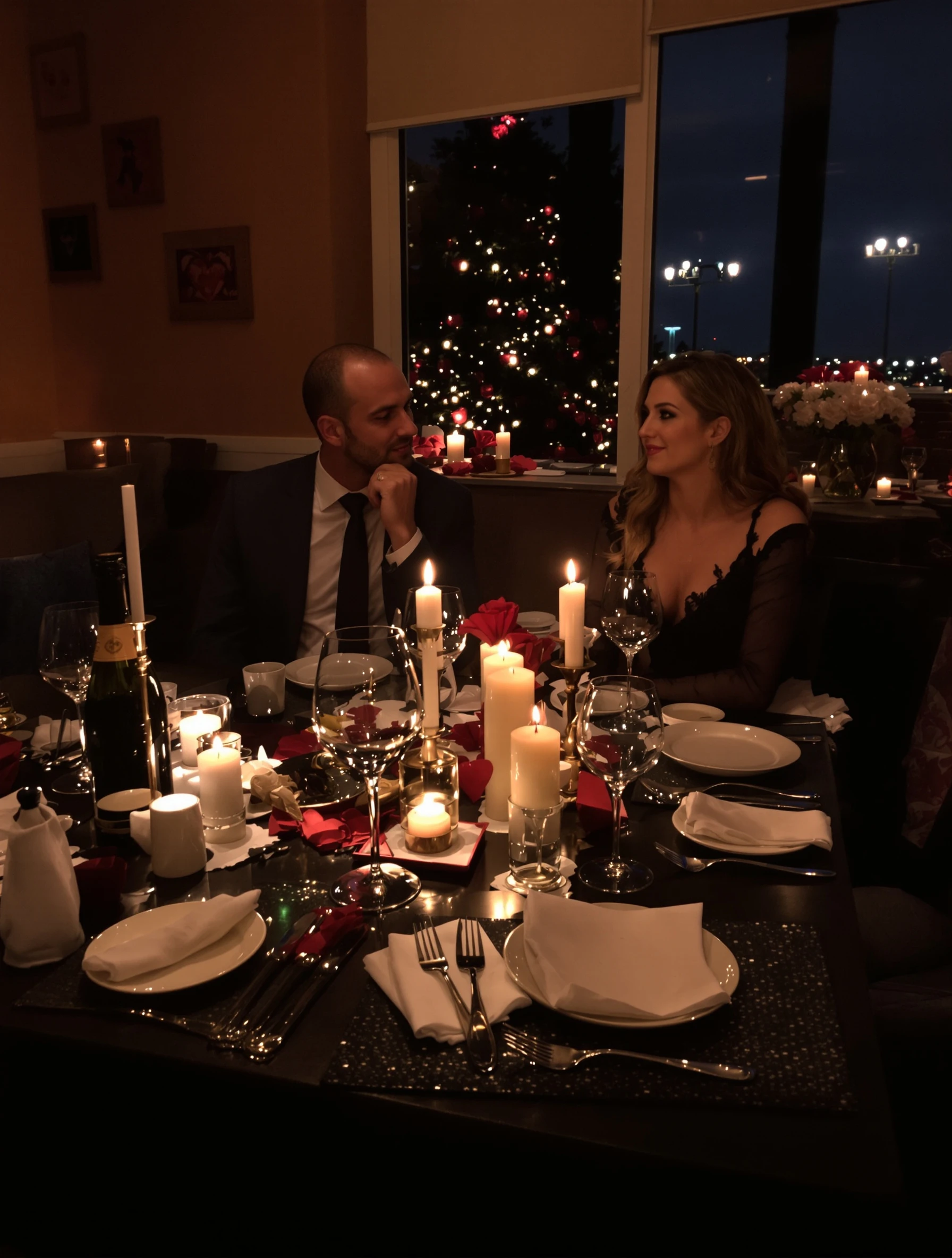 Man at romantic Valentine's dinner restaurant with partner. Date night elegance, candlelit table, celebrating love, romantic evening.