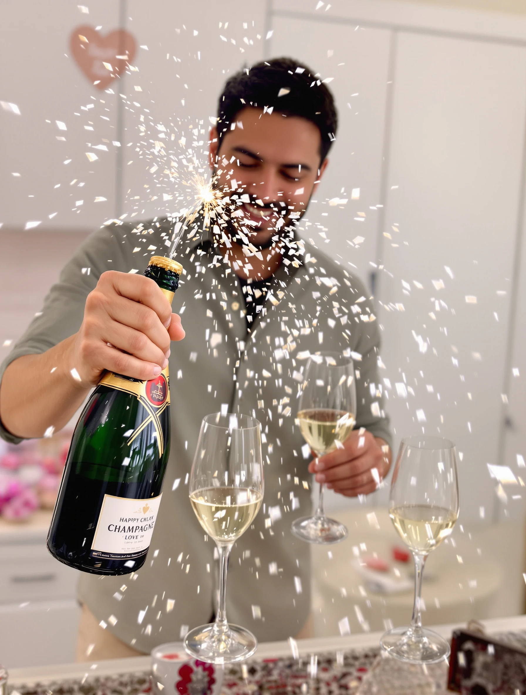 Man popping champagne for Valentine's celebration, romantic toast. Bubbles and love, celebration moment, romantic gesture, holiday cheers.