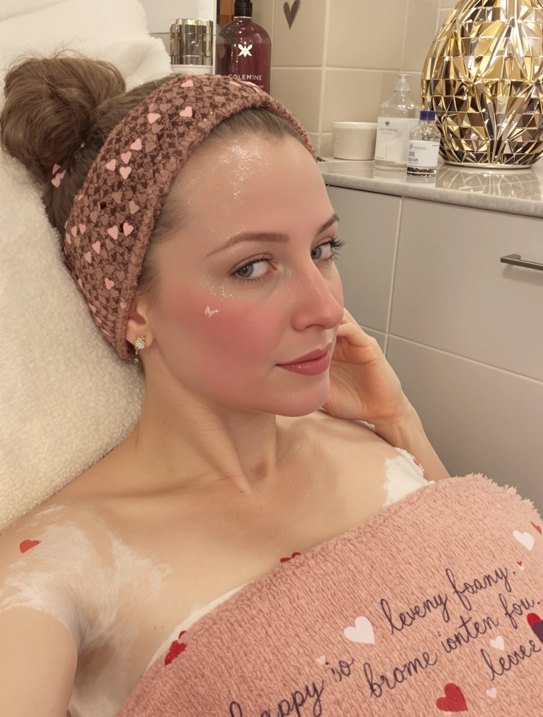 Woman at spa day for Valentine's self-care, galentines celebration. Self-love day, pampering treat, friendship celebration, wellness romance.