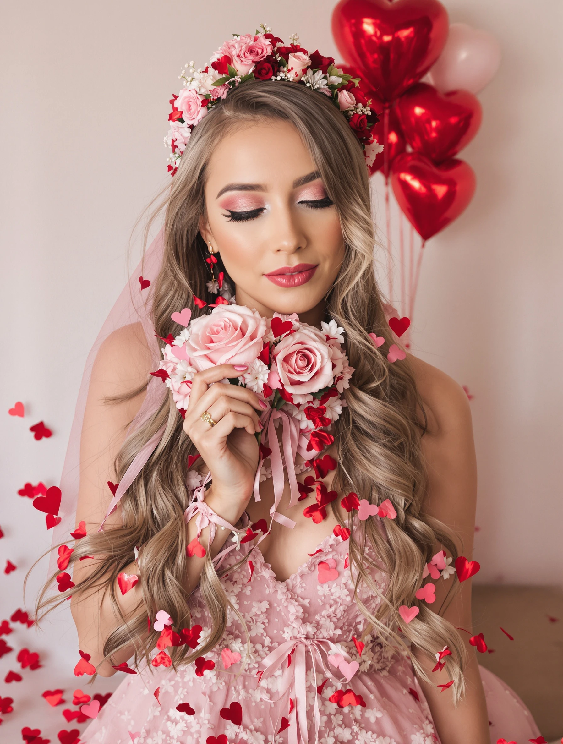 Woman in romantic Valentine's photoshoot, pretty in pink and red. Love-themed photos, romantic styling, beautiful portraits, holiday capture.