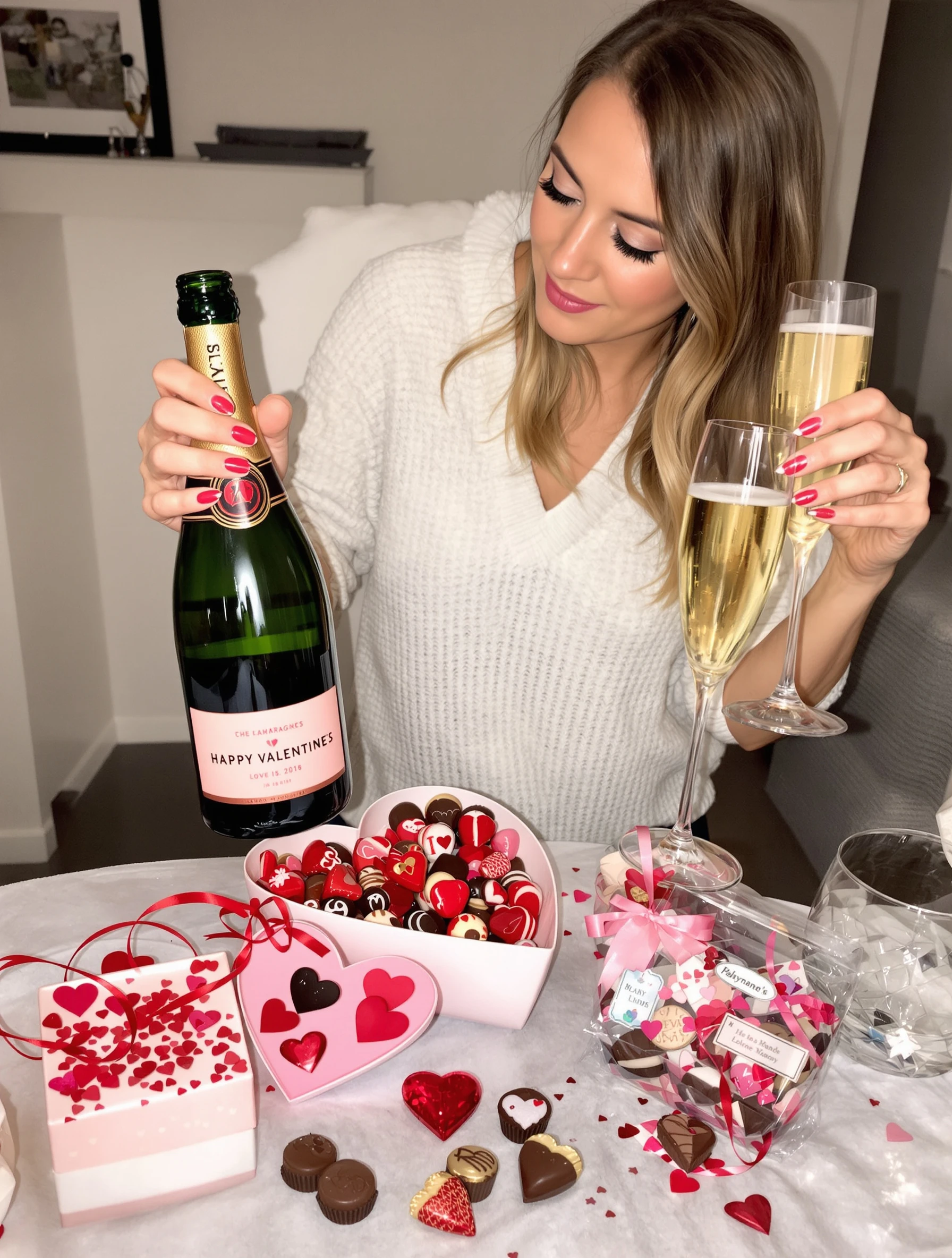 Woman with champagne and choco