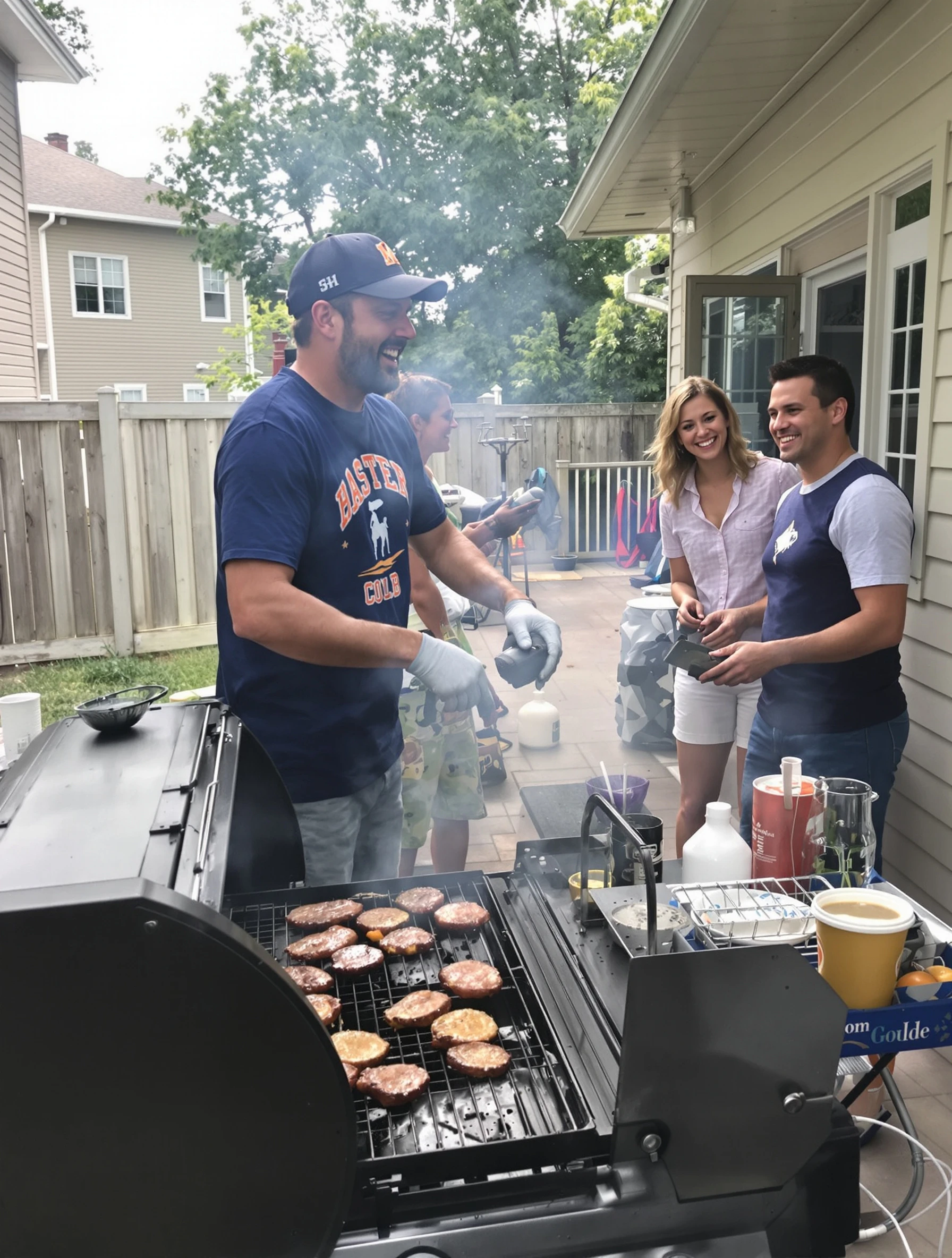 Man hosting backyard barbecue for friends, grilling and laughing. Casual summer clothes, grill master, social hosting, good times.