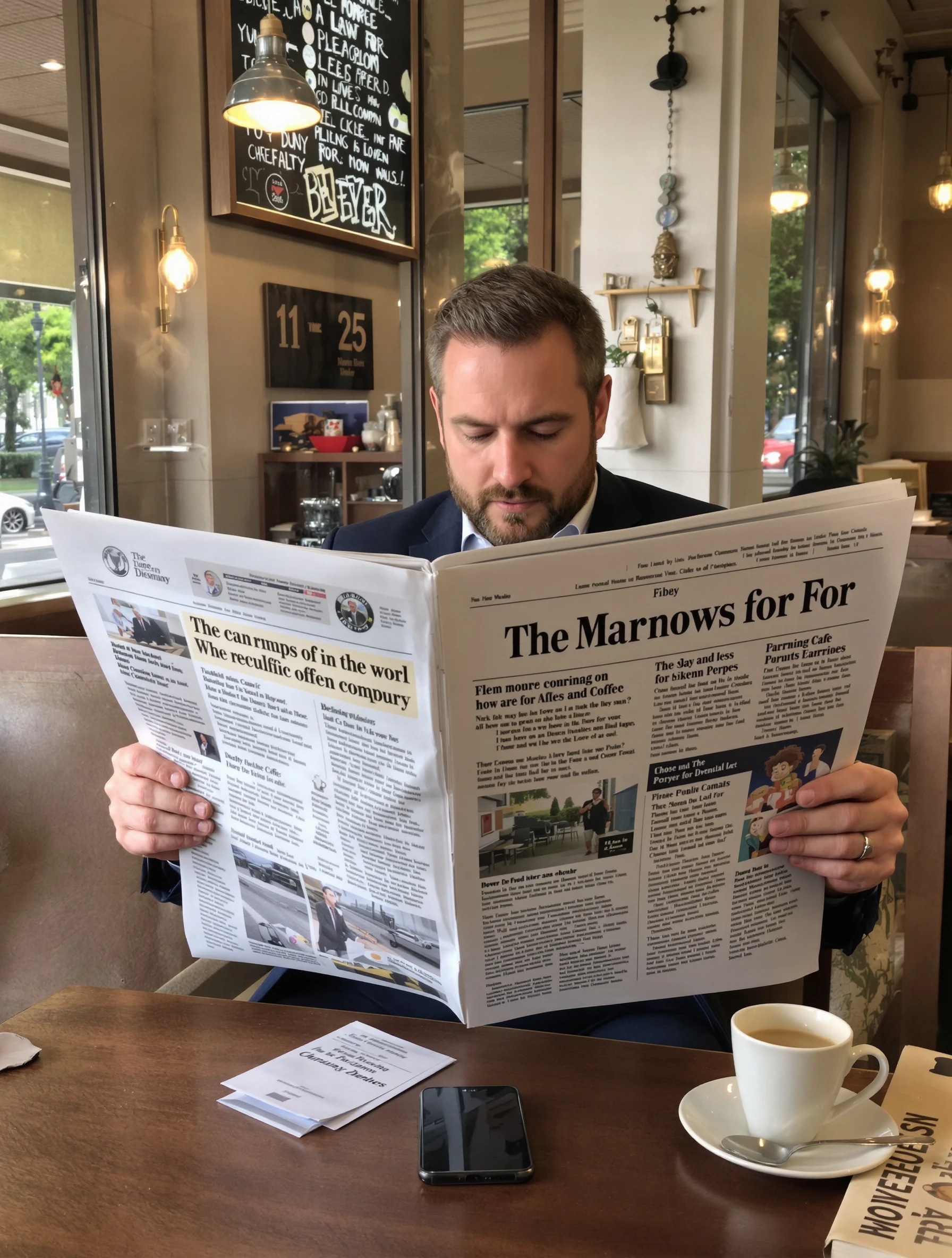 Man reading newspaper at favorite cafe with morning coffee. Smart casual, daily ritual, catching up on world, quiet moment.