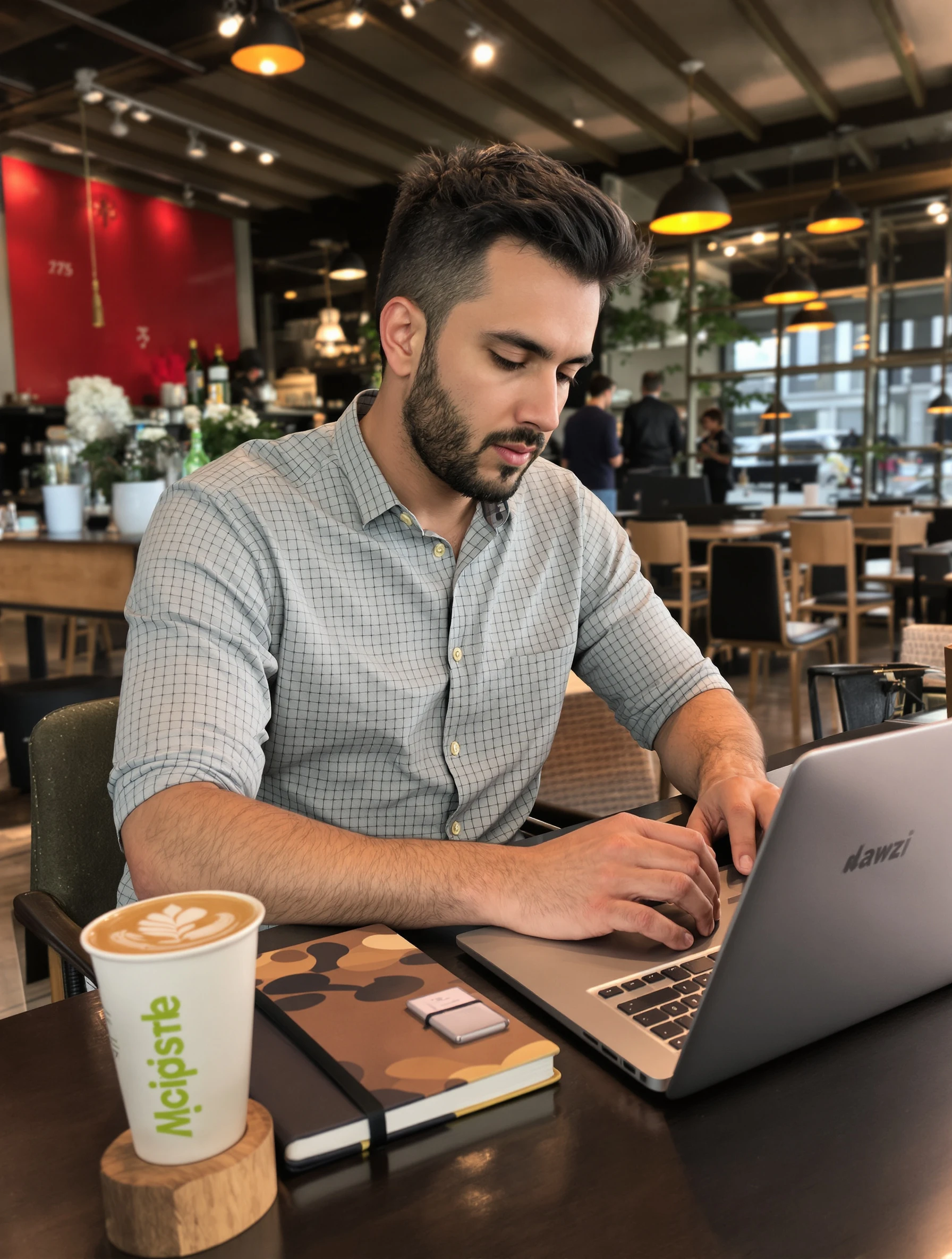 Man working remotely at coffee shop, laptop and notebook on table. Casual smart attire, focused concentration, modern work life, productivity.