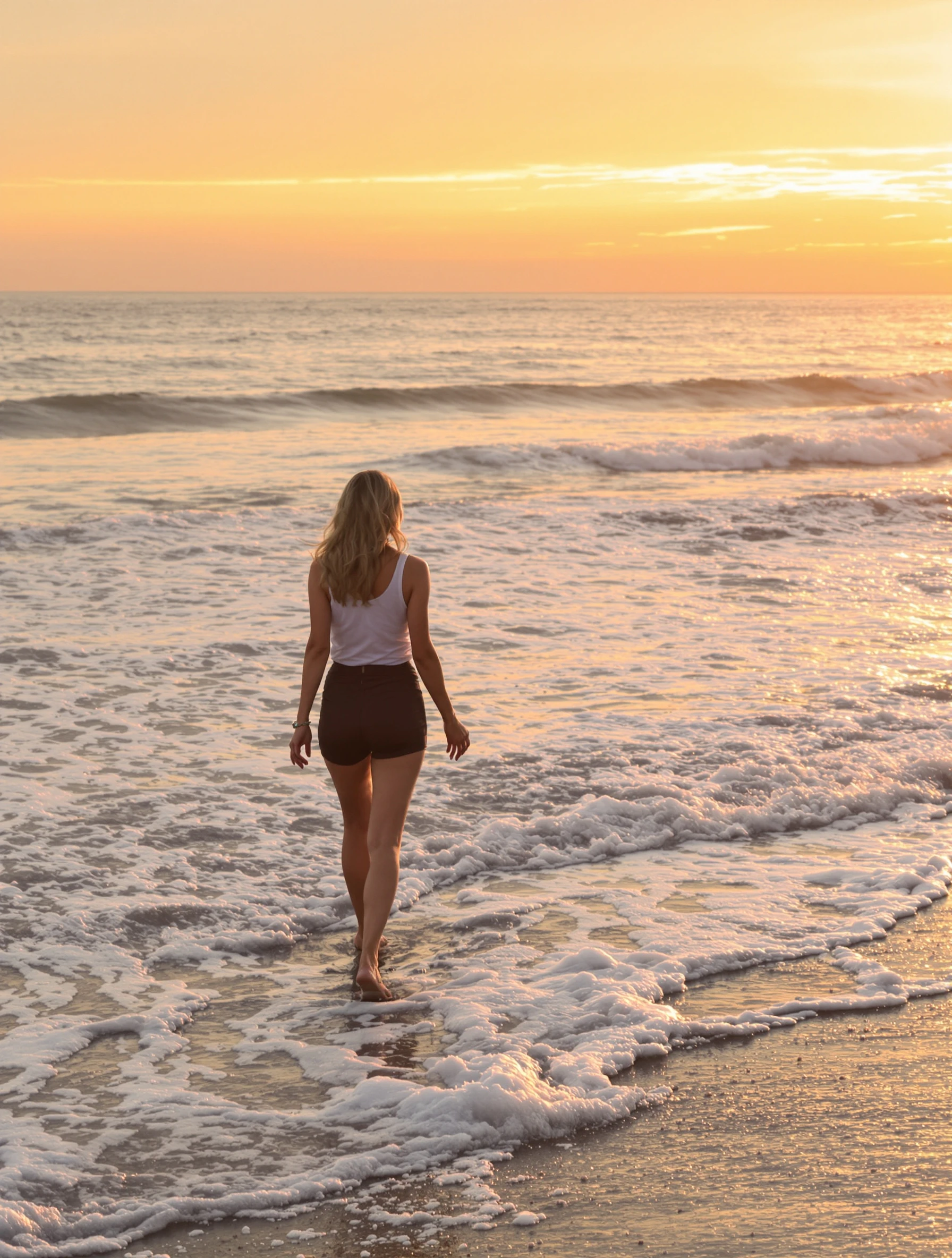Woman taking peaceful sunset walk along beach, waves at her feet. Comfortable beach casual, golden hour, end of day meditation, simple beauty.
